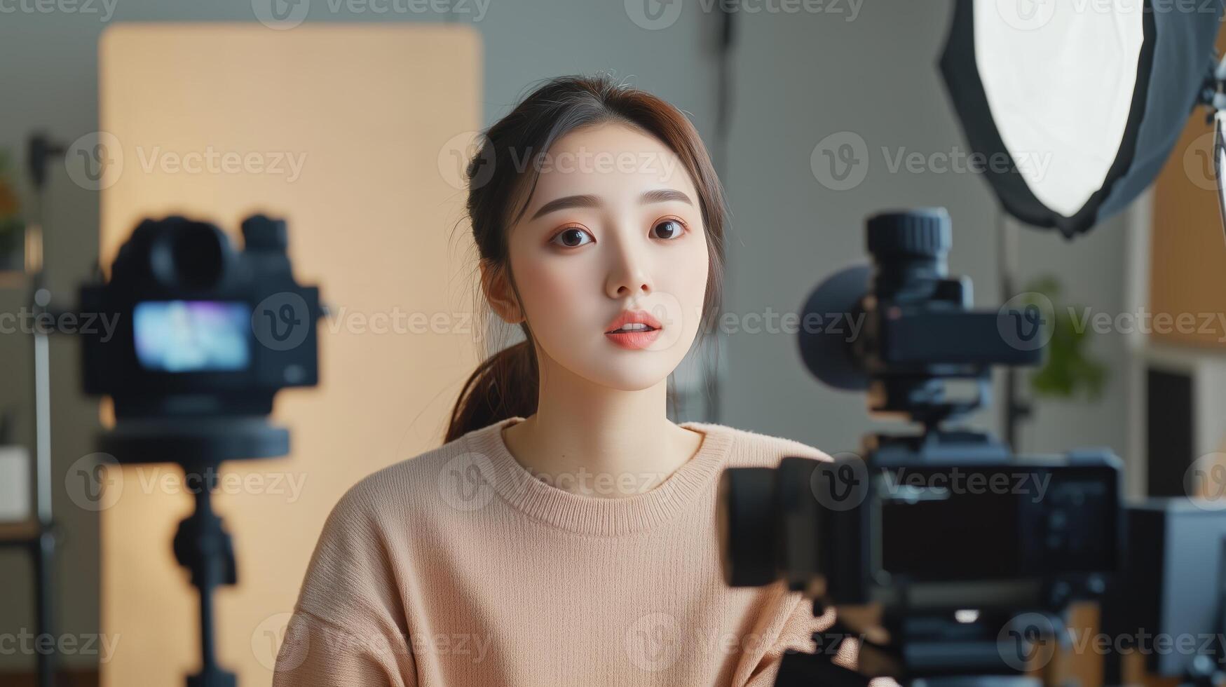 Young woman in a beige sweater seated between cameras during a photoshoot in a well-lit studio setting photo