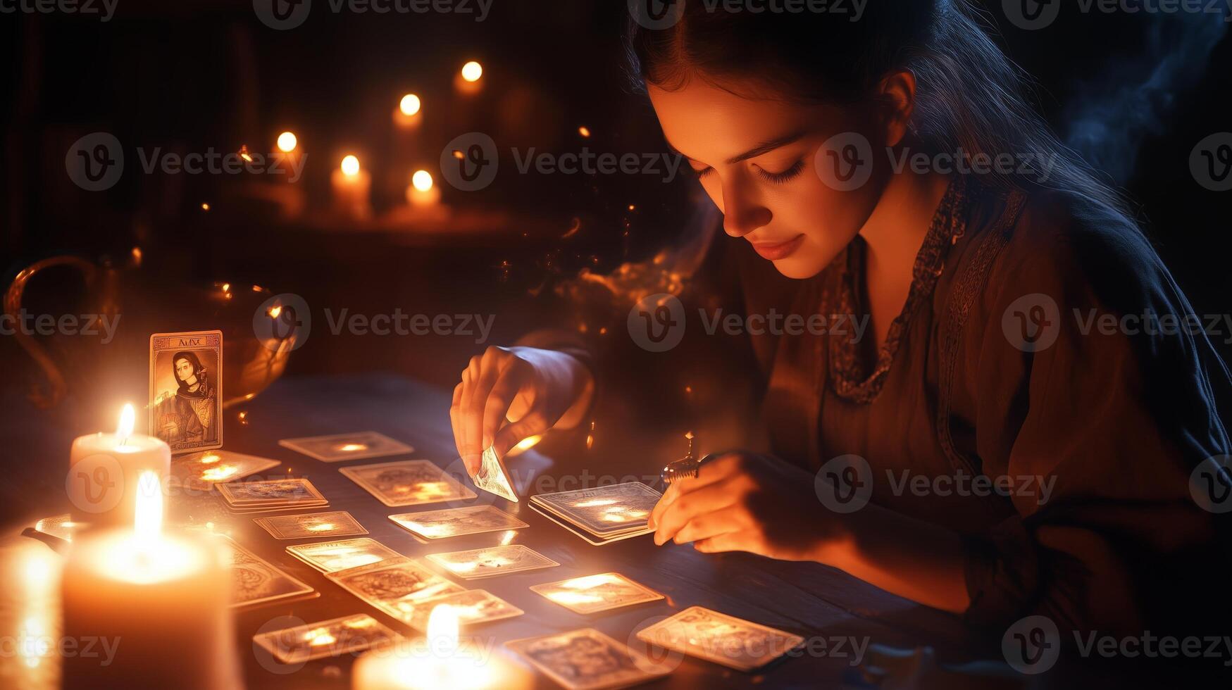 A woman studies tarot cards on a dimly lit table surrounded by candles in an enchanting atmosphere during the evening photo