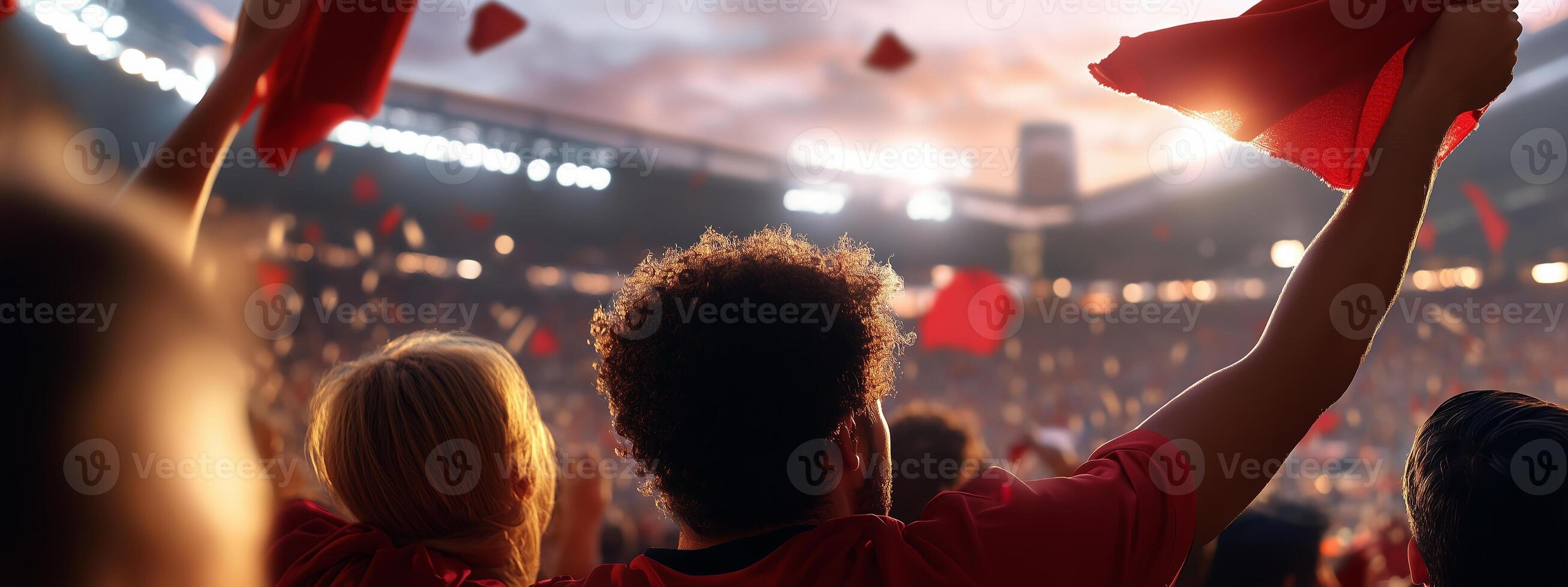 Excited fans cheer with red flags in a packed stadium during a thrilling sports event at sunset photo
