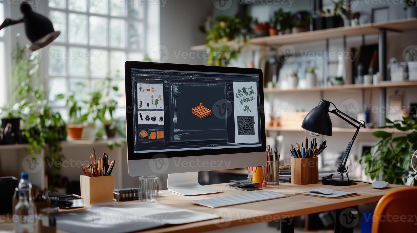 A modern workspace with a computer displaying design work and plenty of greenery on a sunny afternoon photo
