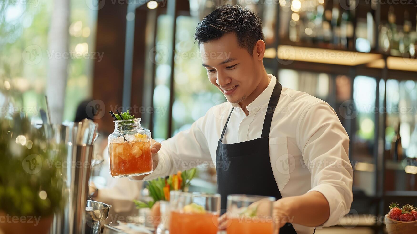 Bartender preparing colorful cocktails using fresh ingredients in a modern bar setting during the afternoon photo