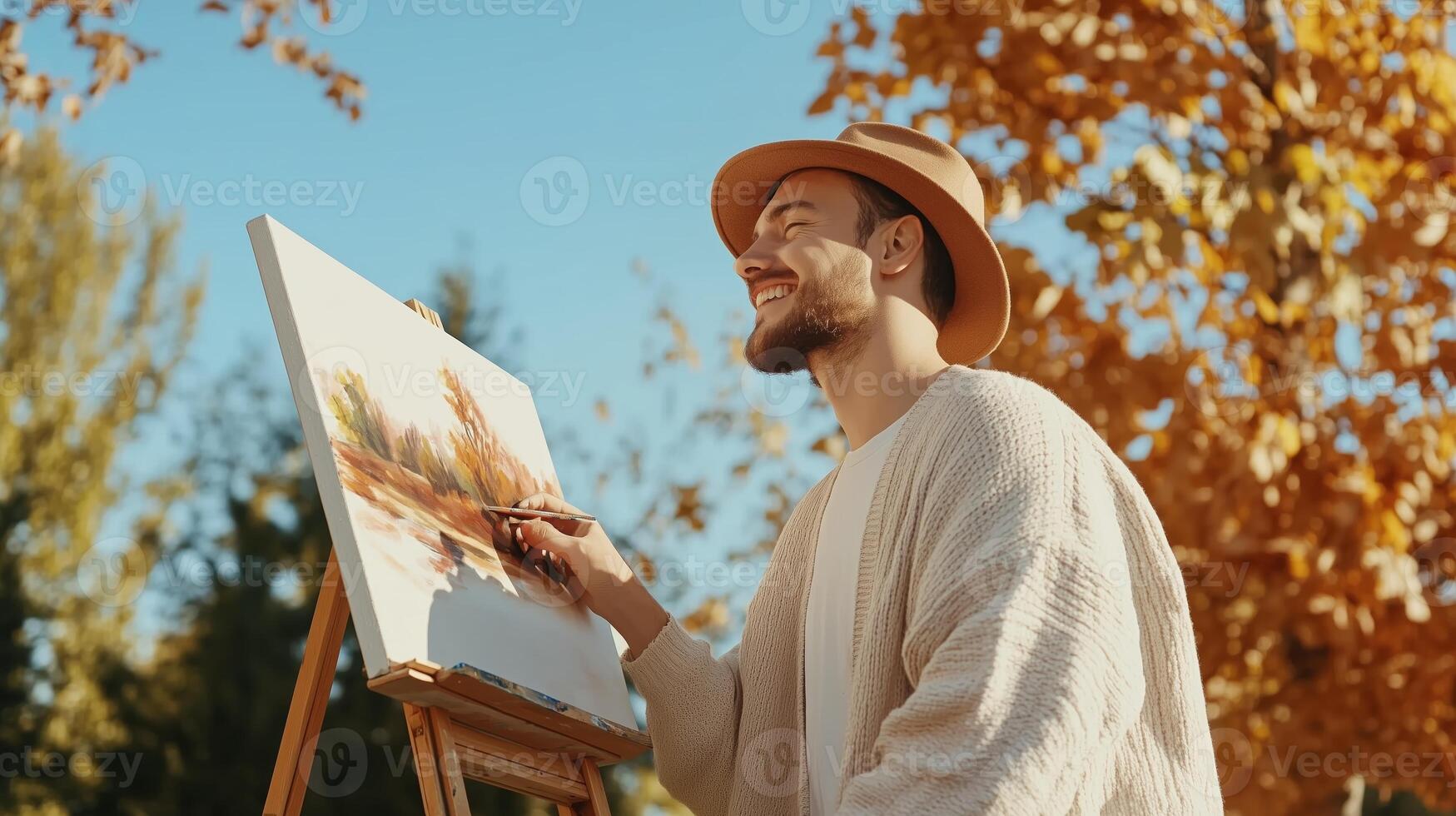 Joyful artist painting autumn landscape in a sunny park surrounded by vibrant orange leaves during a clear day photo