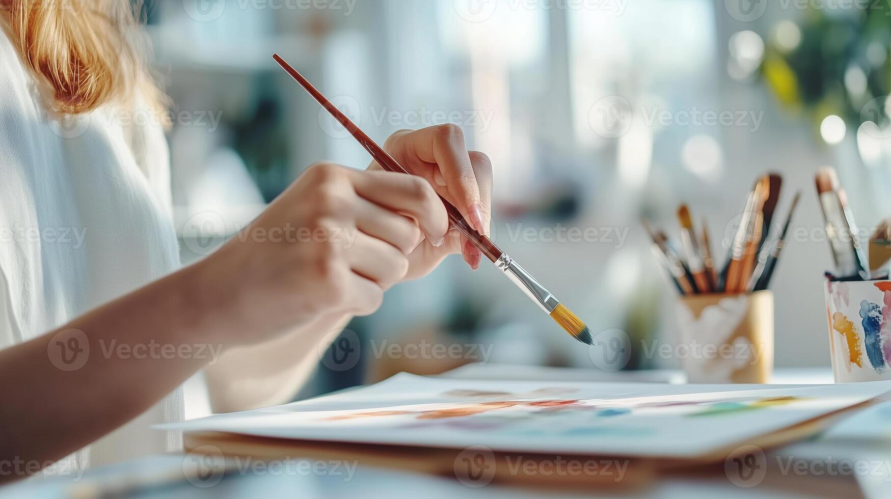 A painter's hands expertly mix vibrant colors during a creative session at a bright, sunlit studio in the afternoon photo