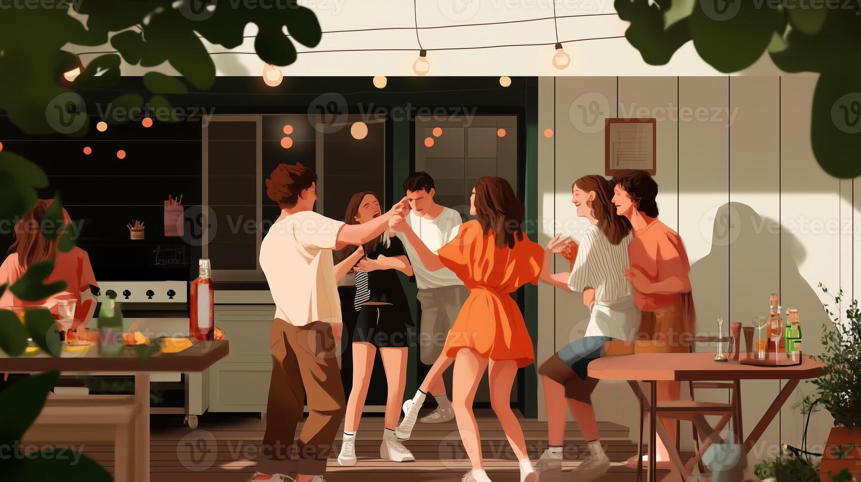A lively outdoor gathering in a cozy backyard during summer, with friends dancing and enjoying refreshments under string lights photo