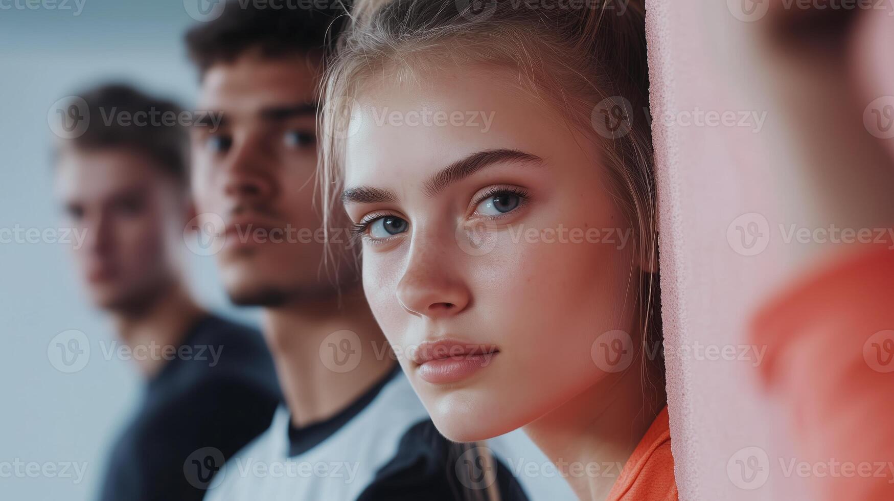 Young adults engaged in a thoughtful moment in a modern indoor setting, showcasing expressions of contemplation and connection photo
