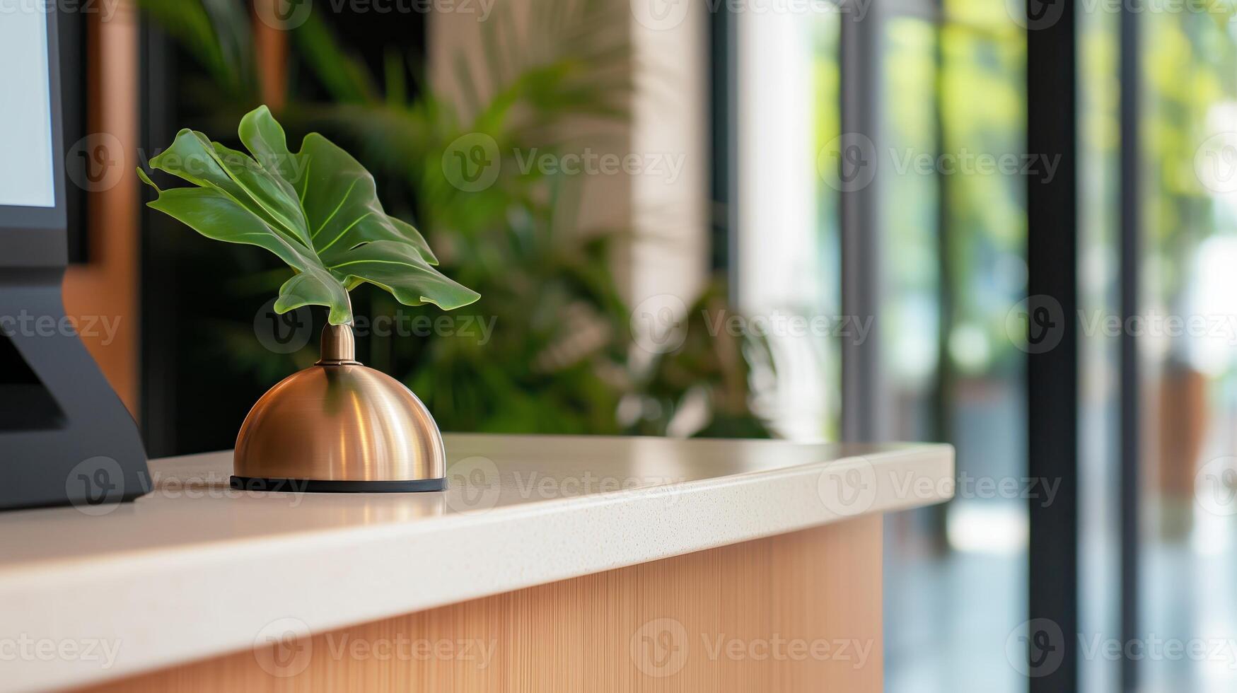 Modern reception area with a decorative plant on the counter in a bright, open space during daylight hours photo