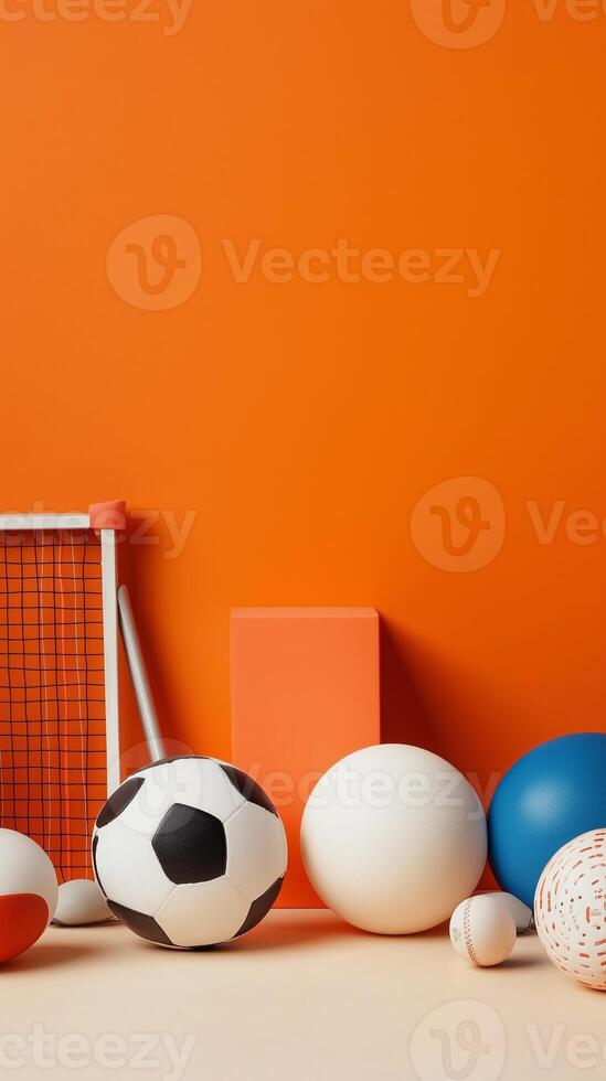 Colorful collection of various sports balls and equipment against a vibrant orange backdrop, ideal for promoting physical activity and sports photo