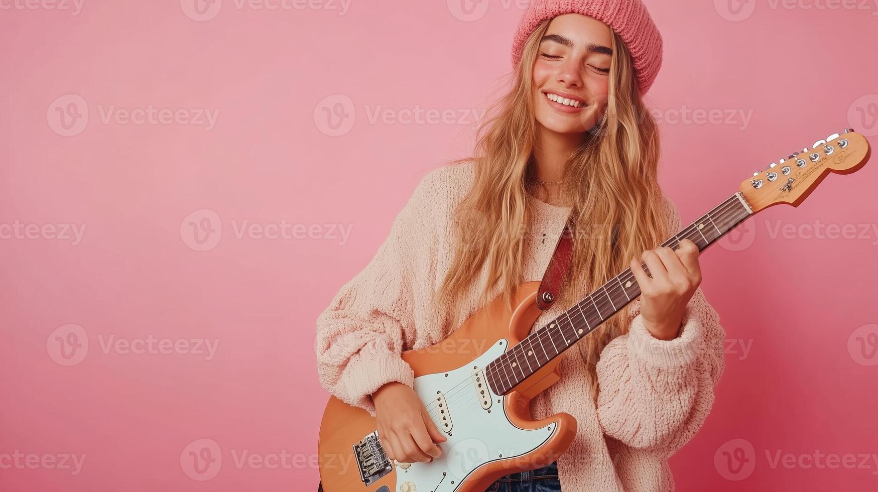 Young woman playing electric guitar and smiling against a vibrant pink backdrop in a cheerful, casual setting photo