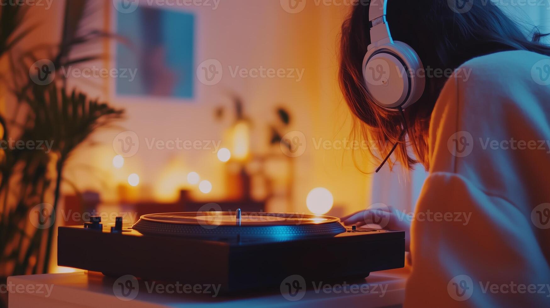 A young person enjoying vinyl records while listening to music in a cozy, warmly lit room surrounded by soft light photo