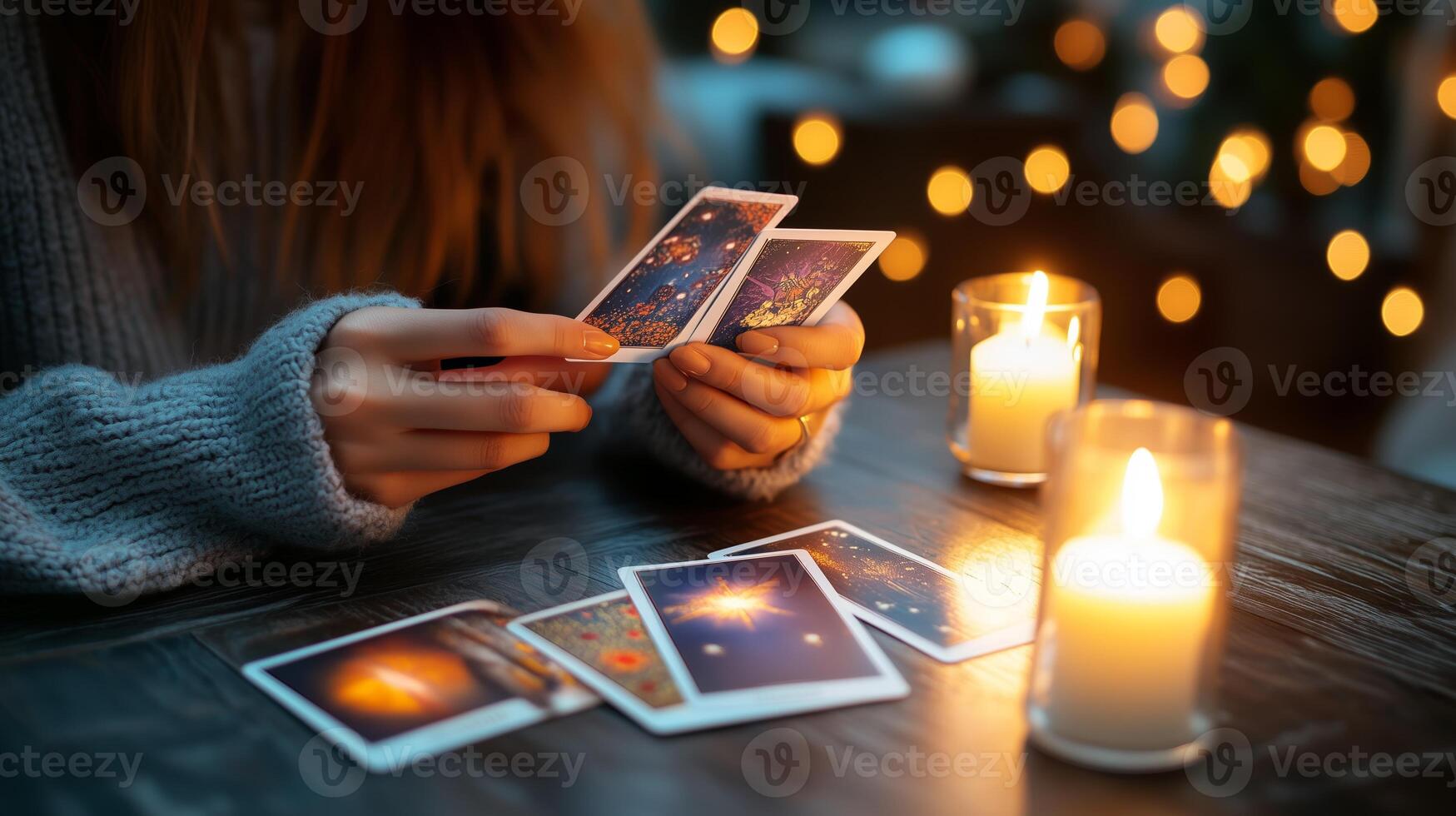 A person reading tarot cards by candlelight in a cozy setting with warm lights during a tranquil evening photo