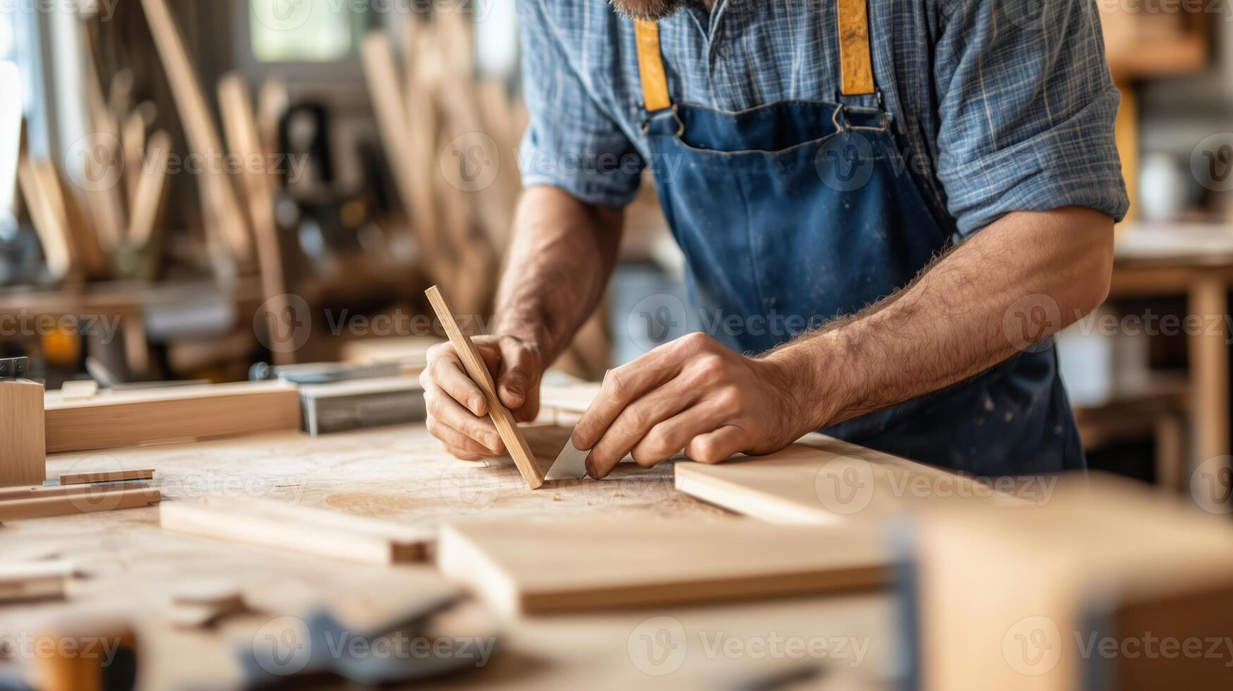 A craftsman measures and marks wood in a workshop filled with tools and materials during the day photo