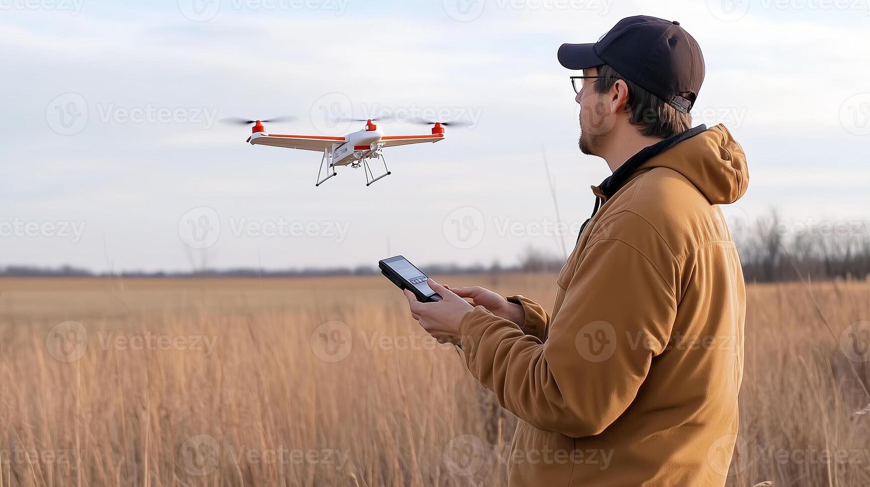 A man operates a drone over a grassy field during the late afternoon at an open rural location photo