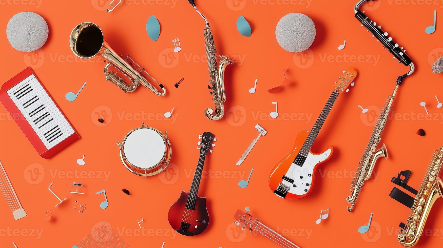 A vibrant arrangement of various musical instruments on a bright orange surface highlighting their diversity photo