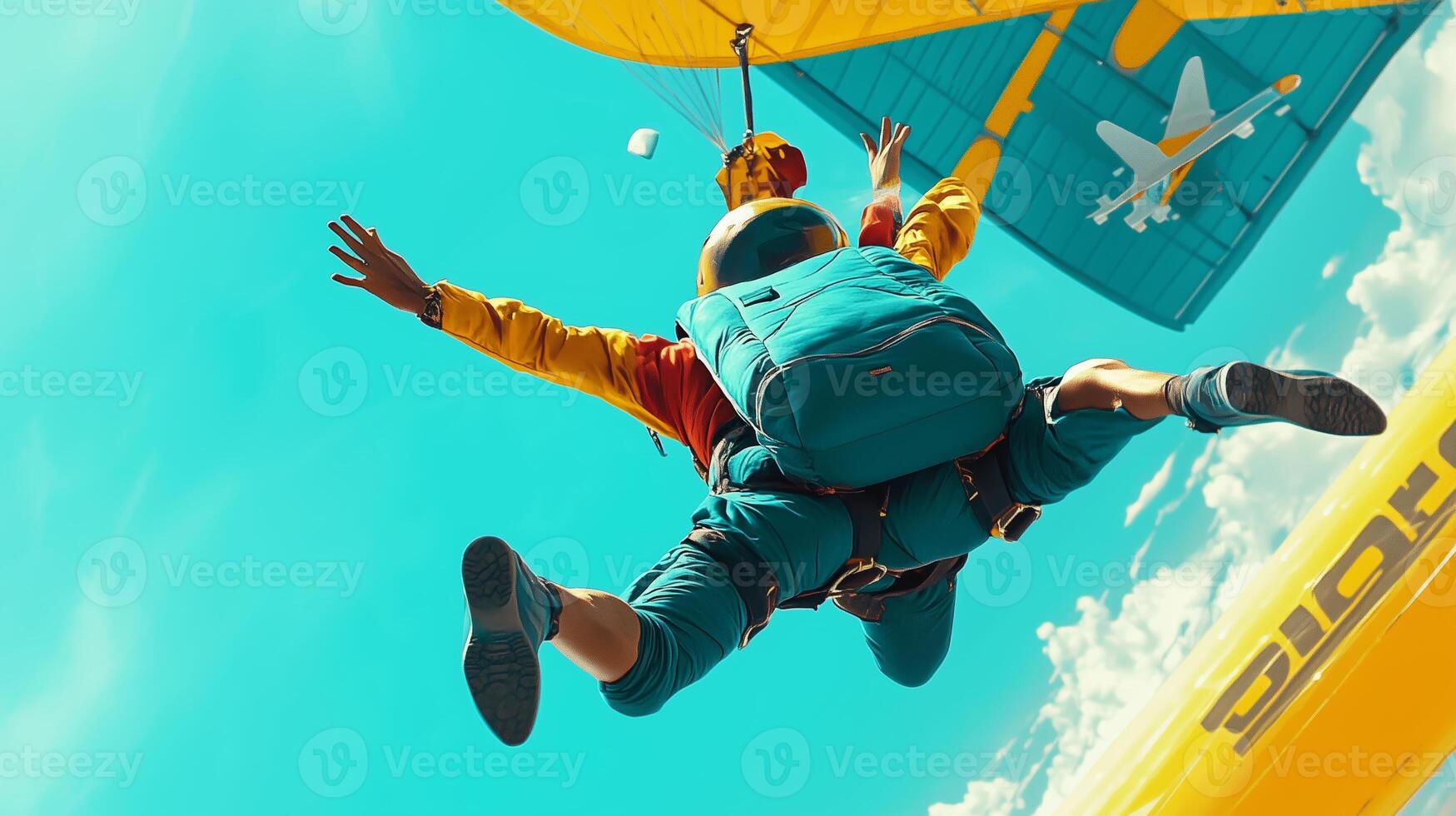 Person paragliding against a bright blue sky with white clouds while enjoying an adventurous ride in the great outdoors photo