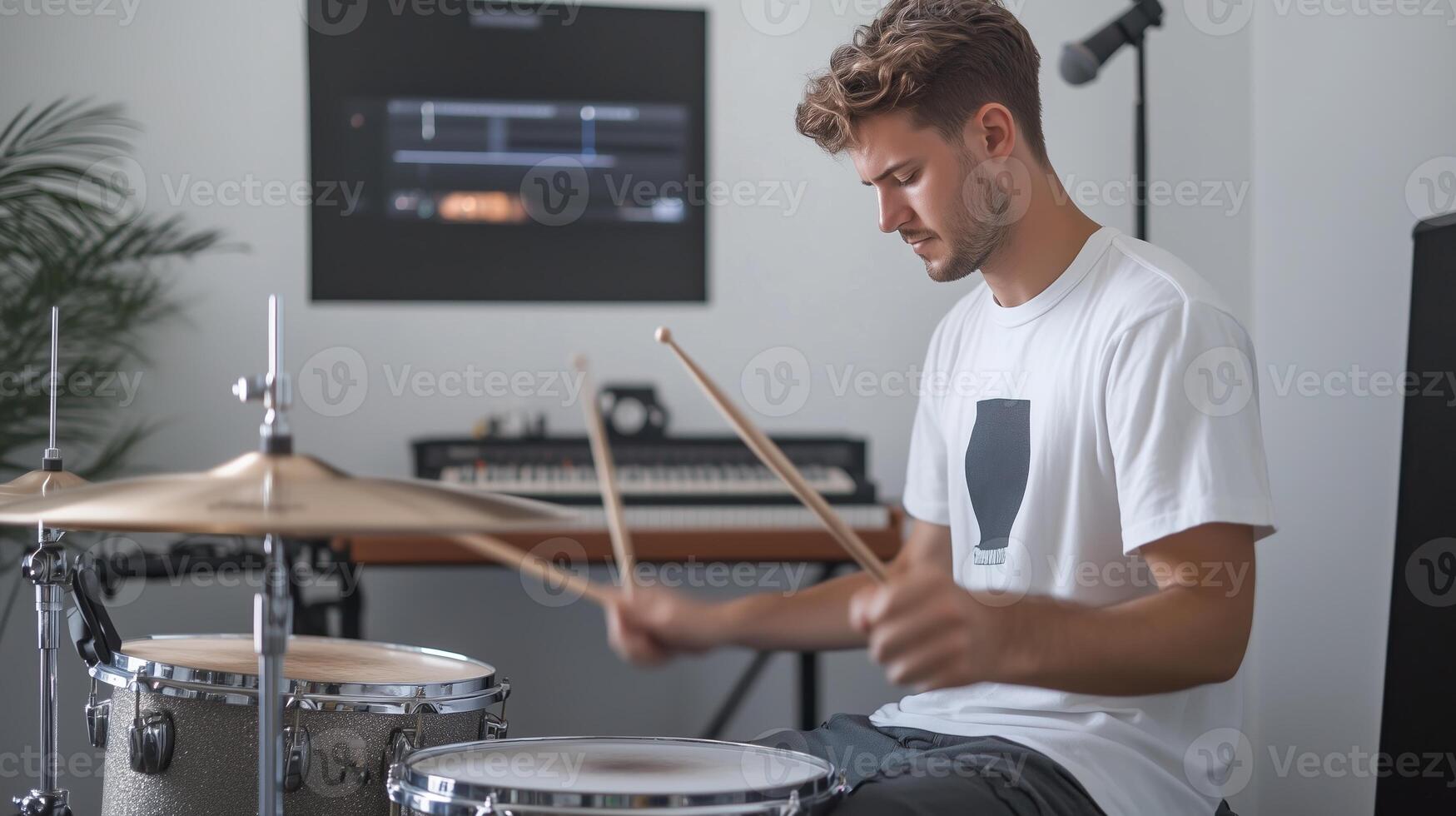 Young man playing drums in a home music studio during bright daylight while focused on the rhythm photo