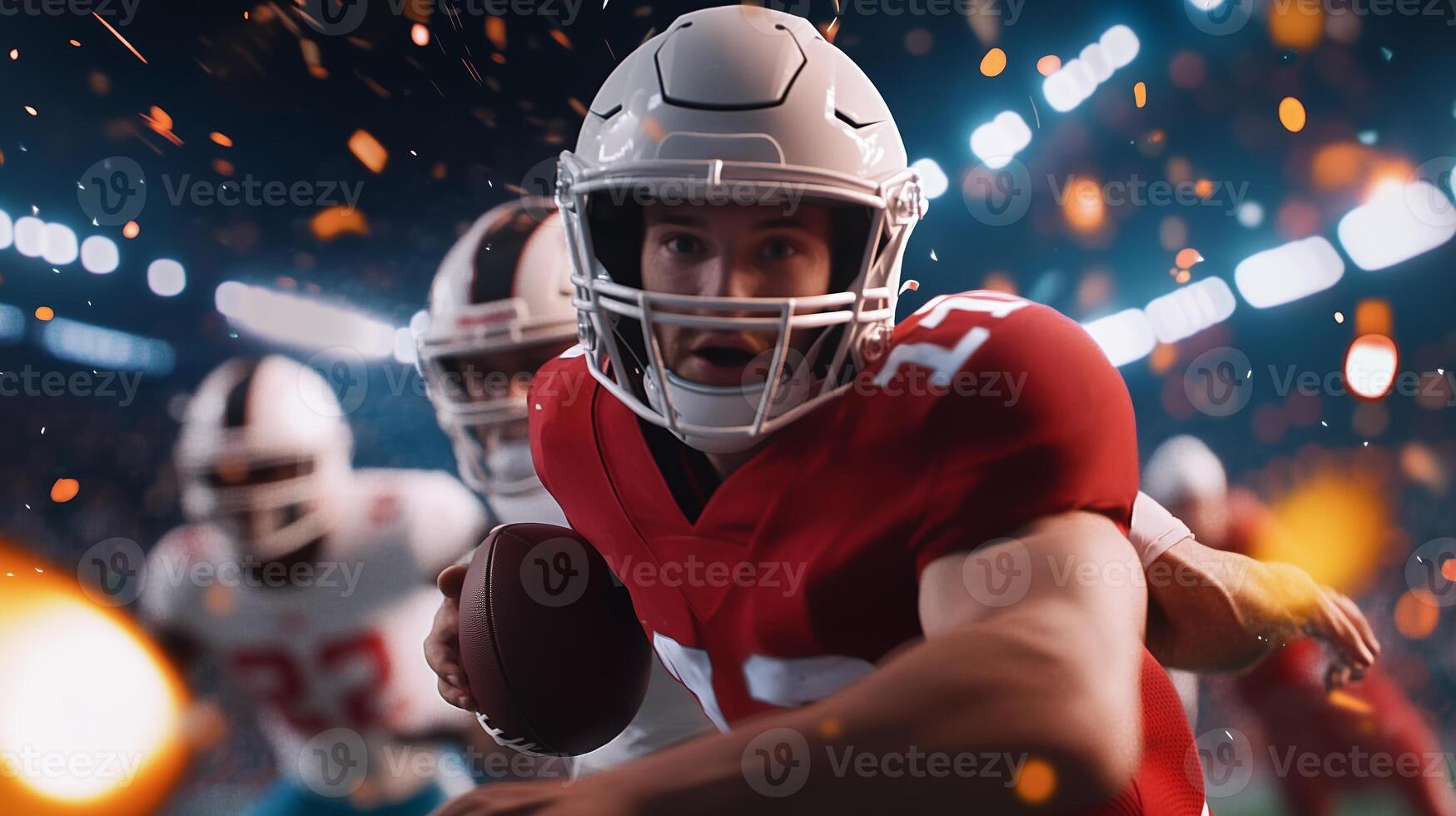 An intense moment of a quarterback evading defenders in a vibrant stadium during a thrilling football match photo