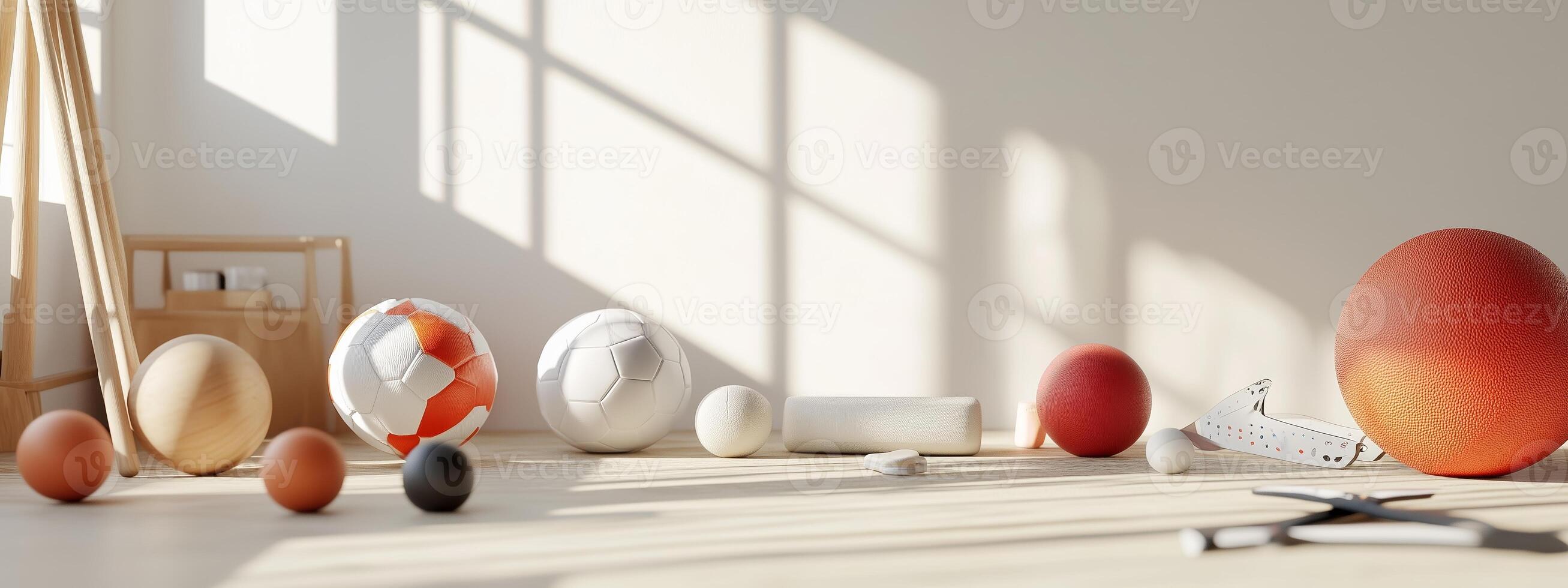 A collection of various sports balls arranged on a bright floor with soft sunlight streaming through large windows photo