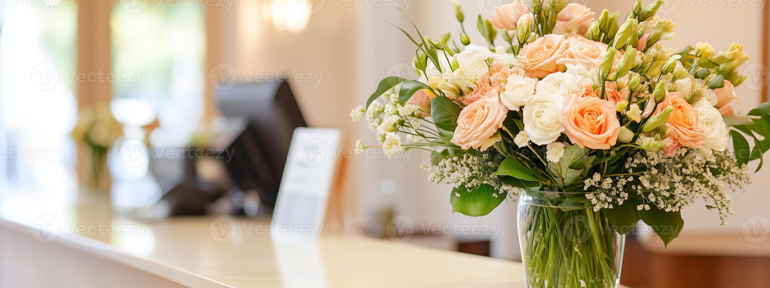 Elegant floral arrangement on a reception desk in a welcoming environment during daylight photo
