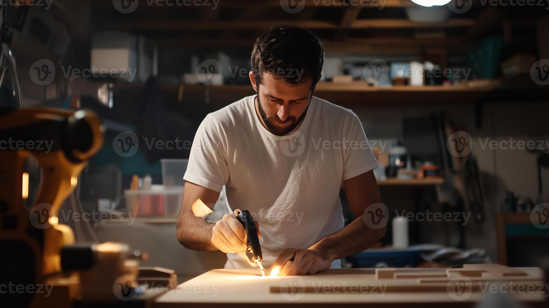 A man works on a woodworking project in a workshop during evening hours, focused on precision and craftsmanship photo