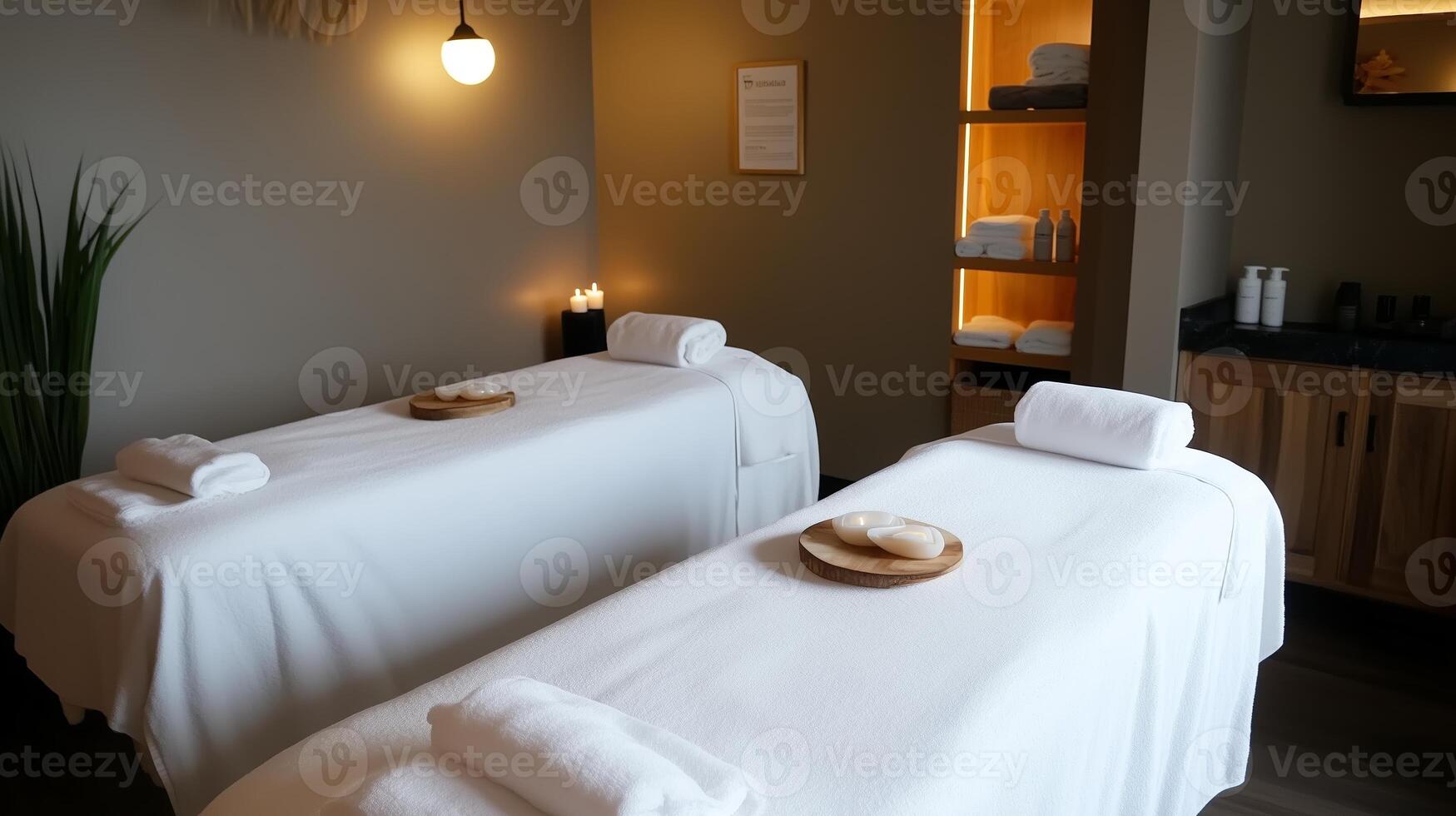 Relaxing spa treatment room with two massage tables in a serene environment designed for wellness and tranquility photo