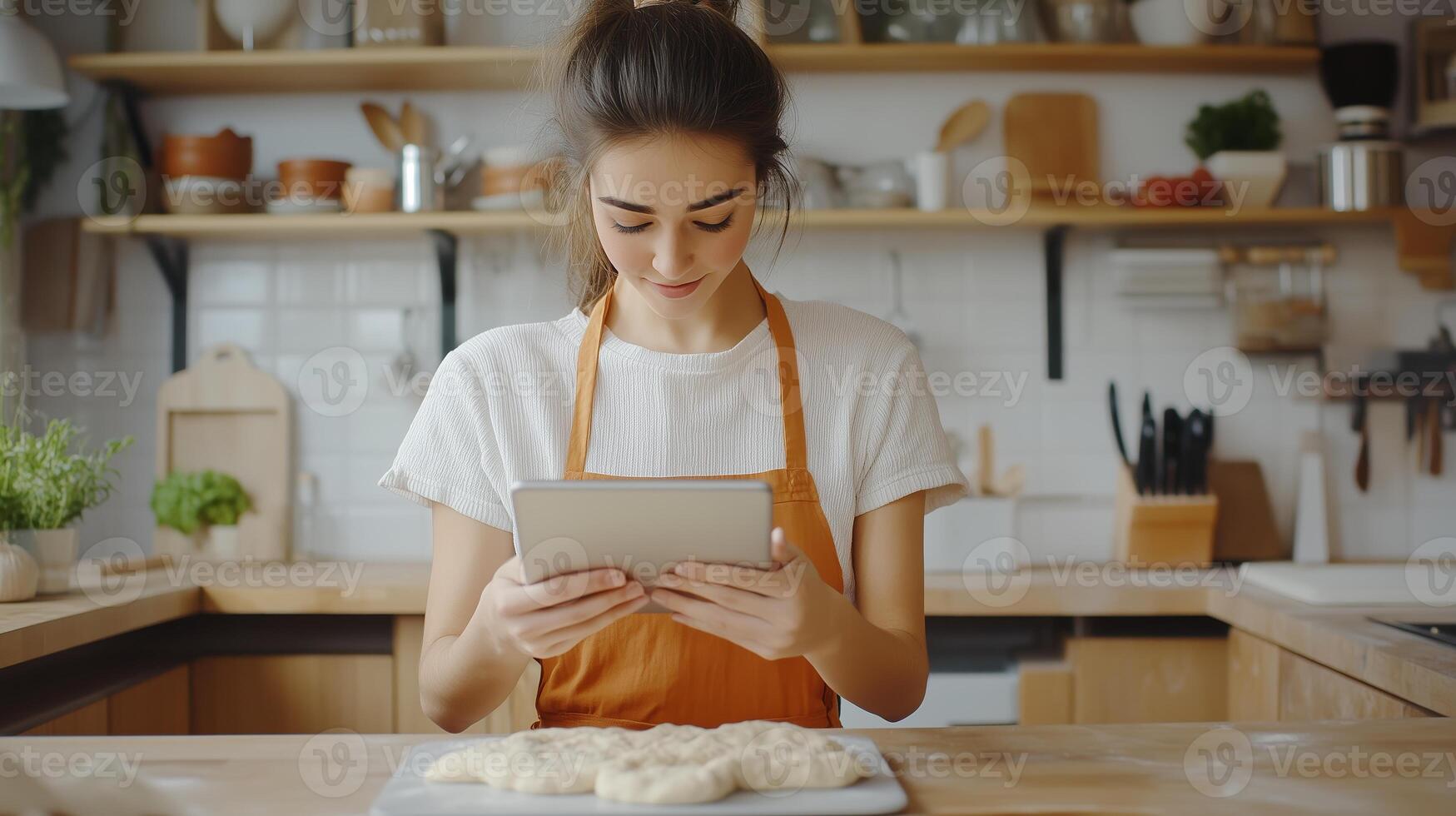 Young woman with an apron examining a recipe on a tablet while preparing dough in a bright kitchen during daytime photo