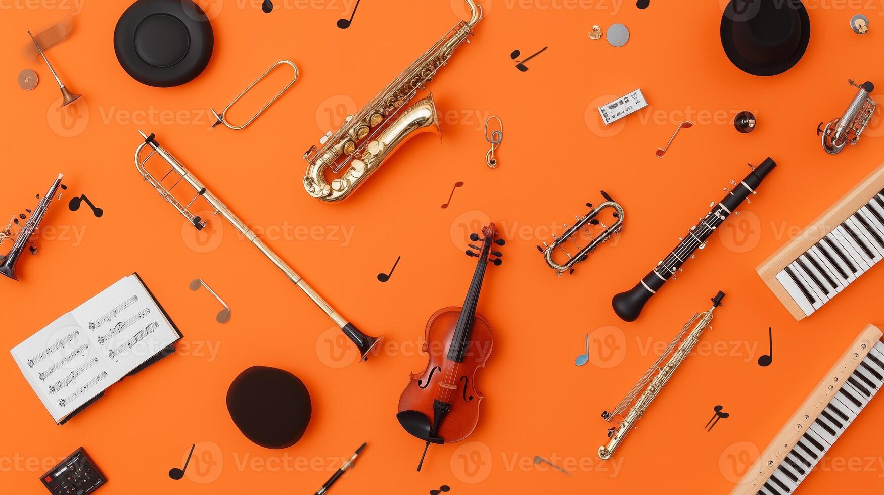 Colorful array of musical instruments and sheet music arranged on a vibrant orange background photo