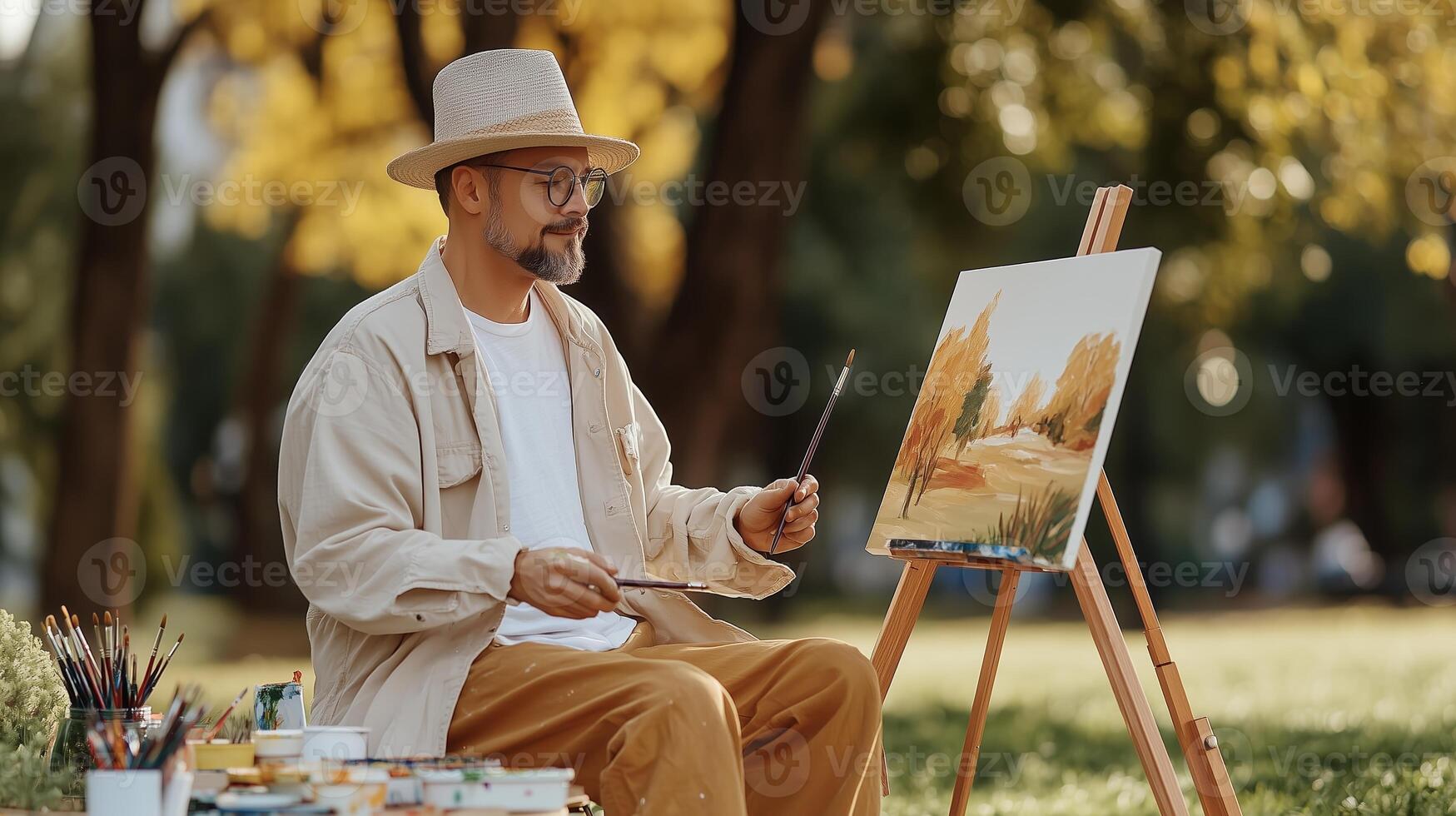An artist captures the beauty of autumn colors while painting outdoors in a park surrounded by vibrant trees in the afternoon sunlight photo