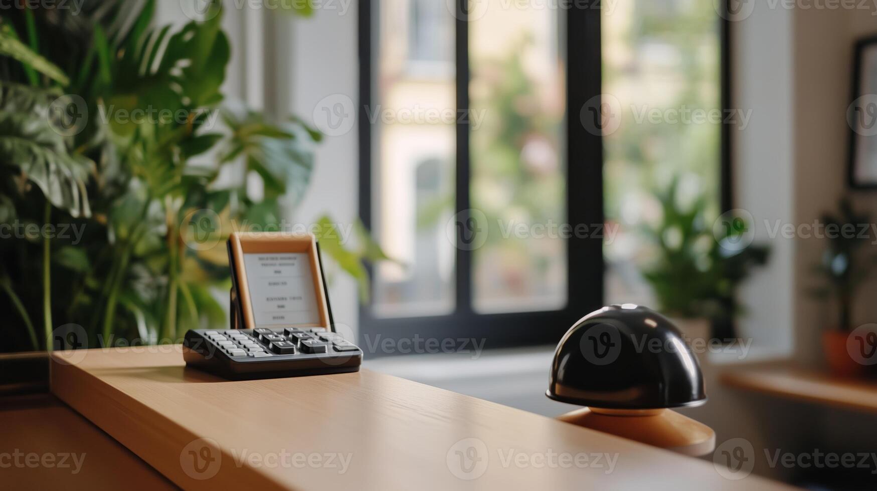 A detailed view of a modern reception area featuring a telephone and a bell amidst lush greenery photo