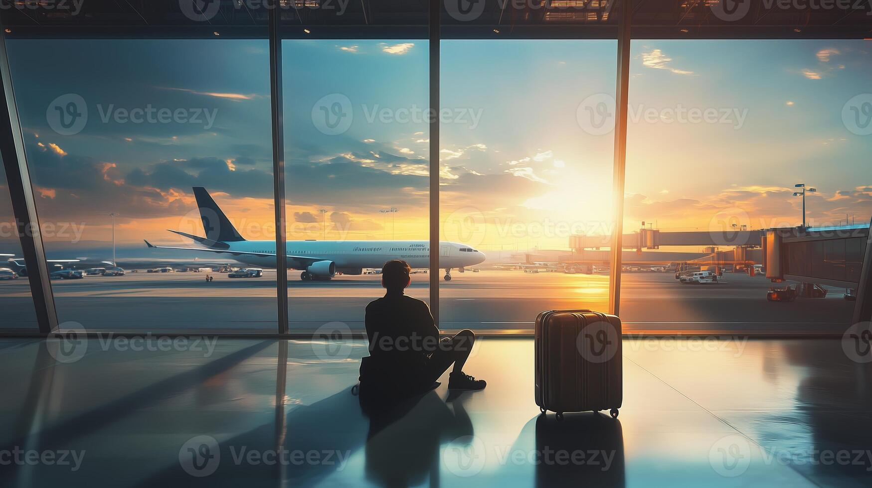 Traveler waits by the window in an airport with suitcase at sunset as planes prepare for departure photo