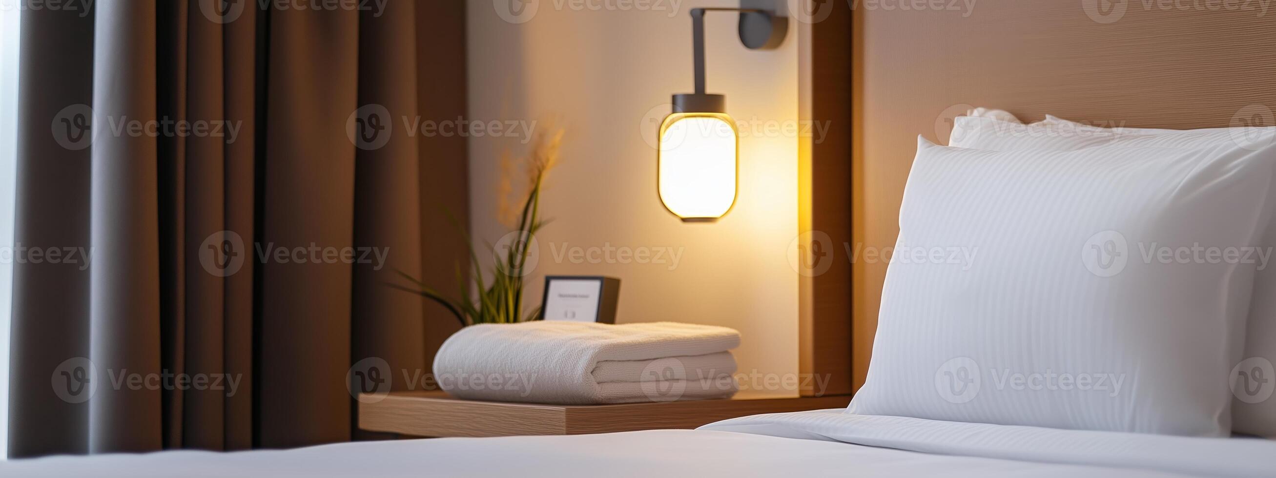 Cozy hotel room featuring a comfortable bed, soft bedding, and warm lighting in a serene setting photo