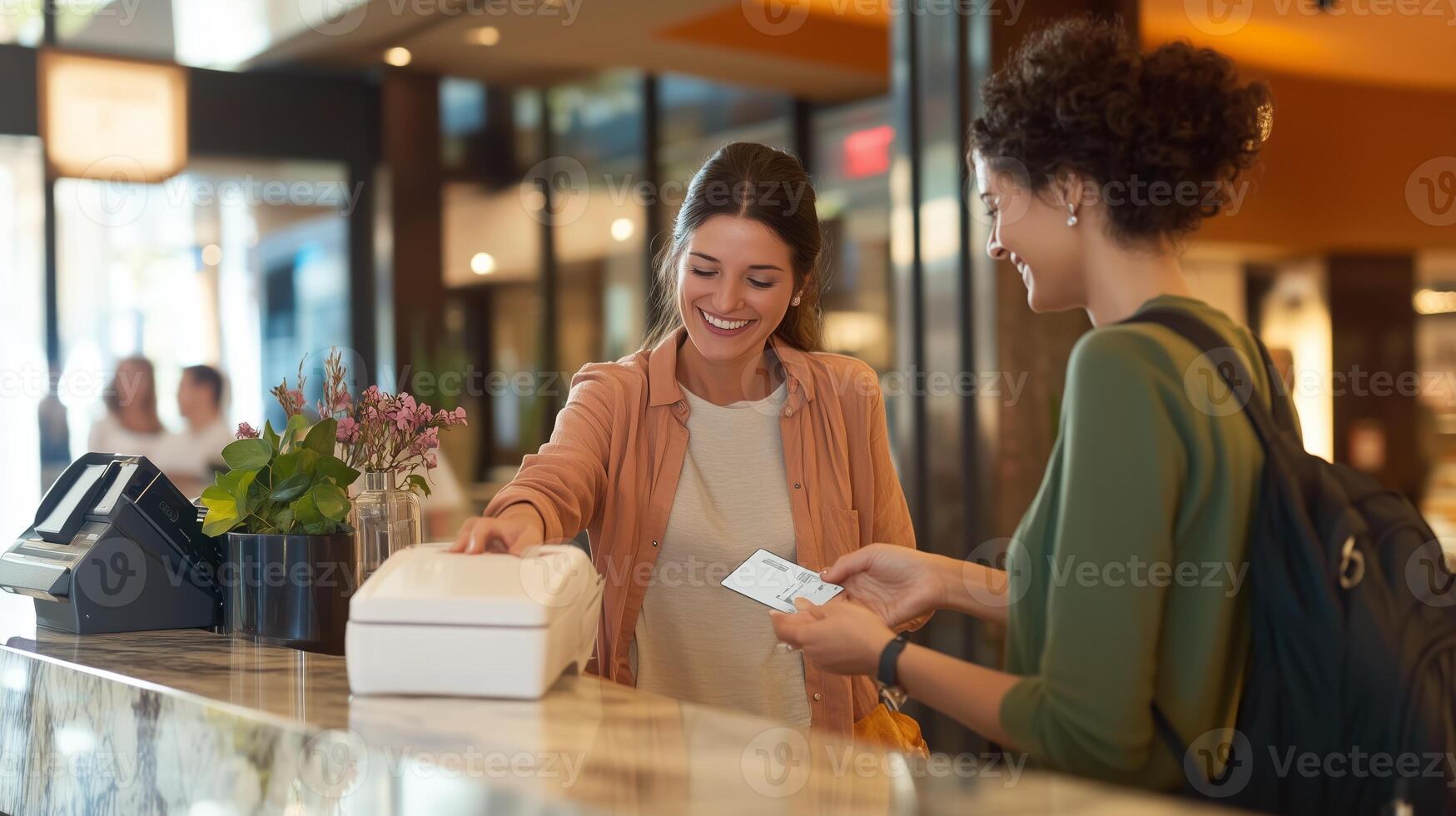 A woman checks in at a hotel reception desk while another staff member prepares her room key on a busy afternoon photo