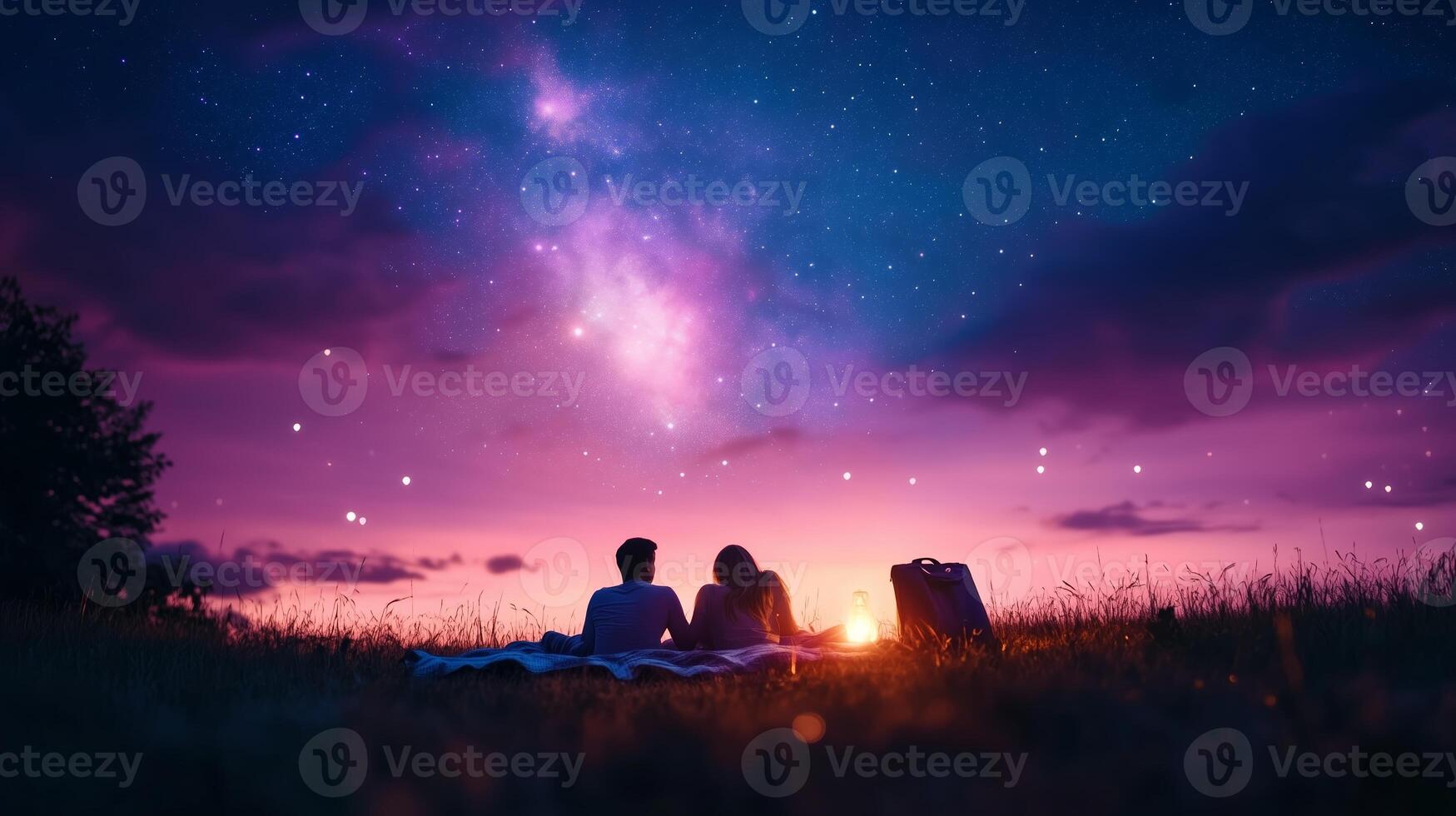 A romantic evening under the stars with a couple enjoying a sunset on a grassy field photo