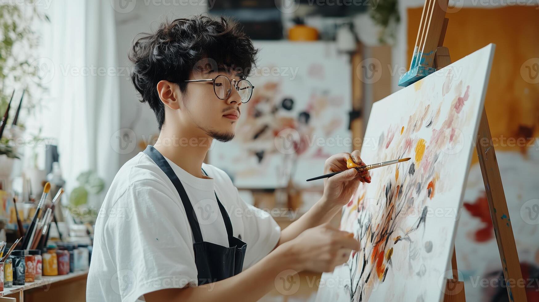 Young artist creating a vibrant floral painting in a cozy studio filled with art supplies during daytime photo