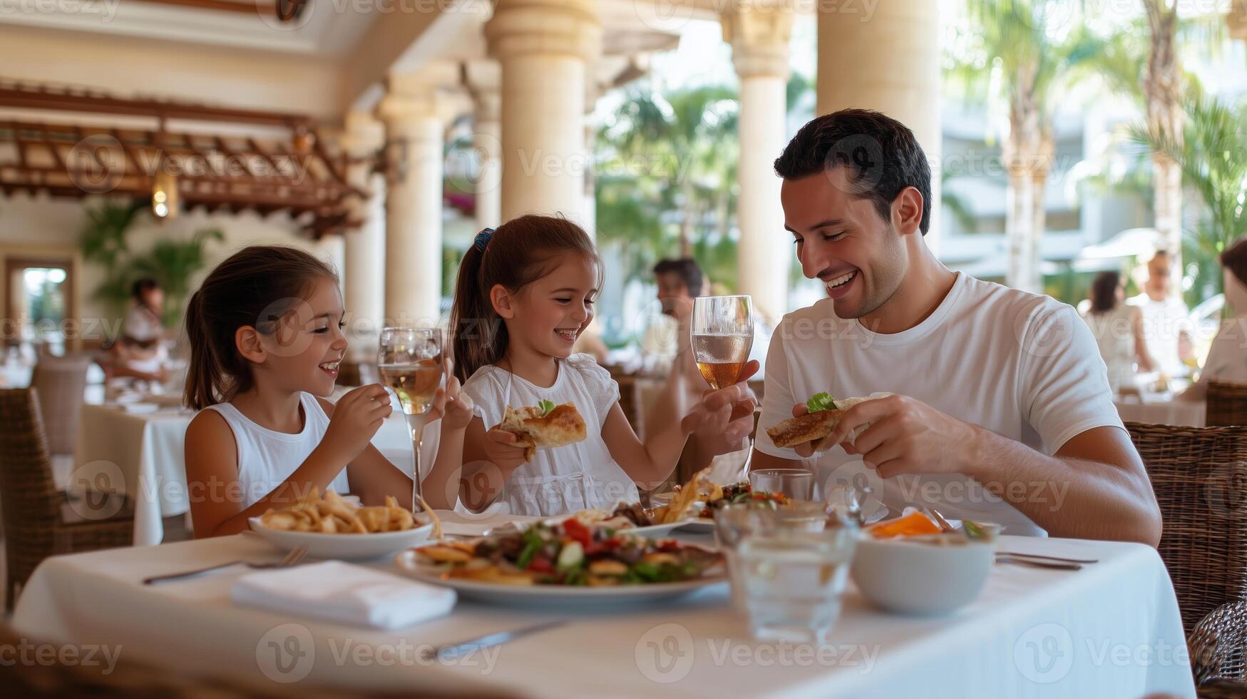 A joyful family enjoying a delicious meal together at a tropical restaurant in the afternoon sun photo