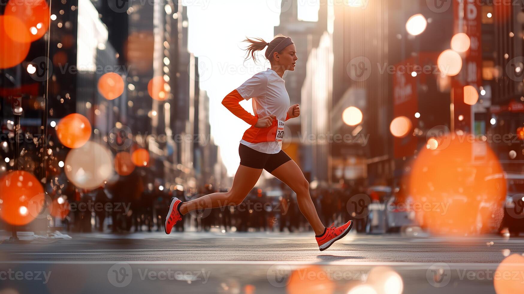 Woman sprinting in an urban marathon at sunset with city skyline and blurred lights in the background photo