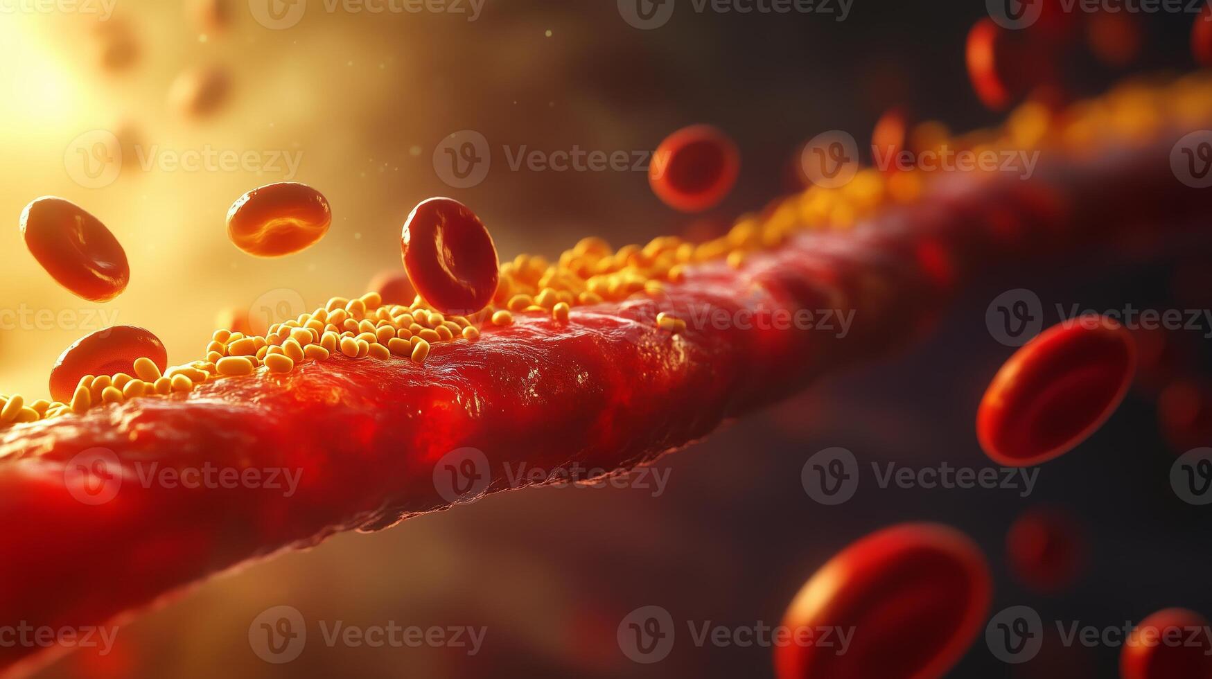 Detailed view of blood cells flowing through a vessel with golden particles under bright light, illustrating human biology and circulation photo