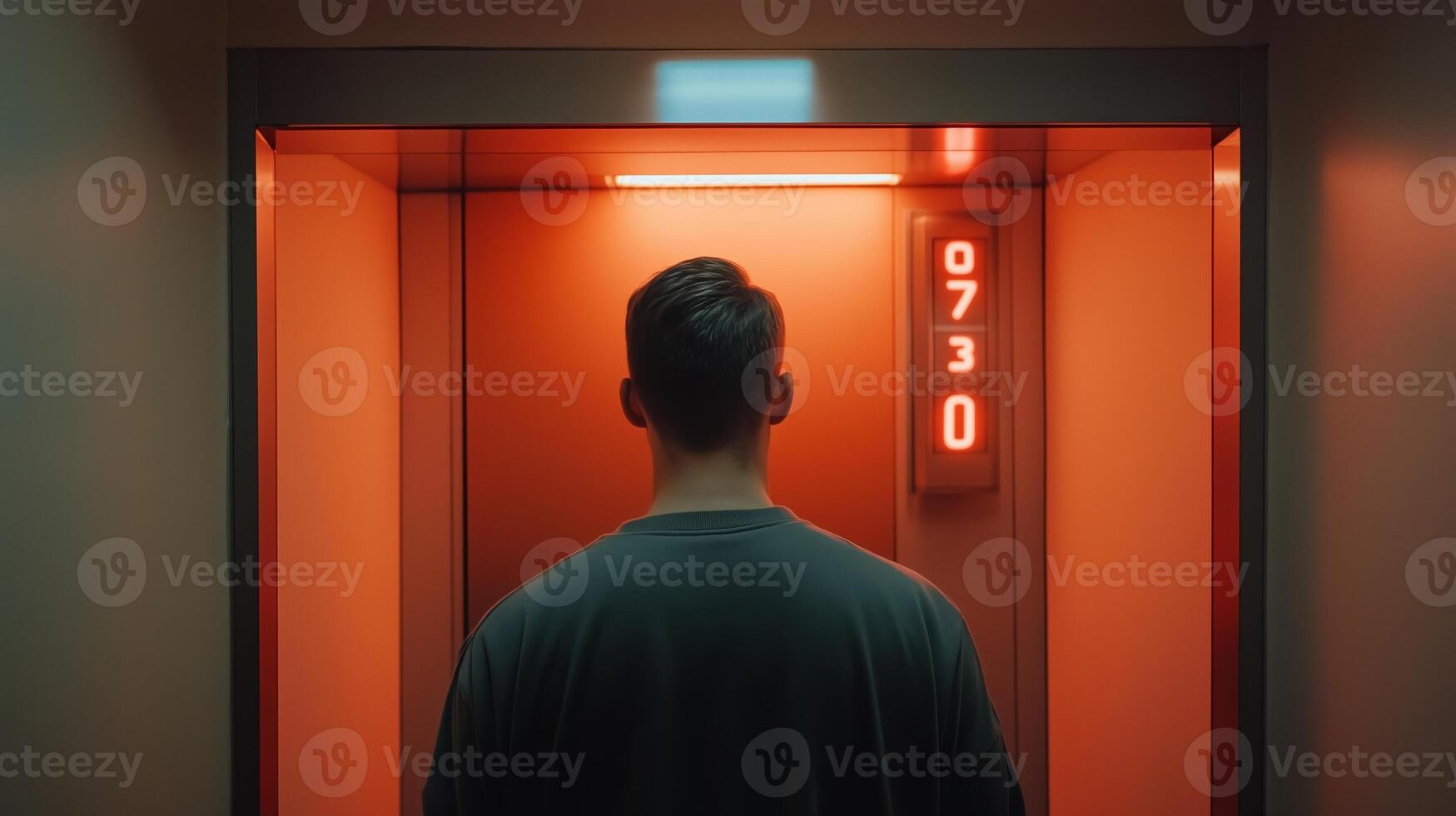 A solitary figure waiting in a dimly lit elevator with glowing red lights displaying the number 730 at night photo