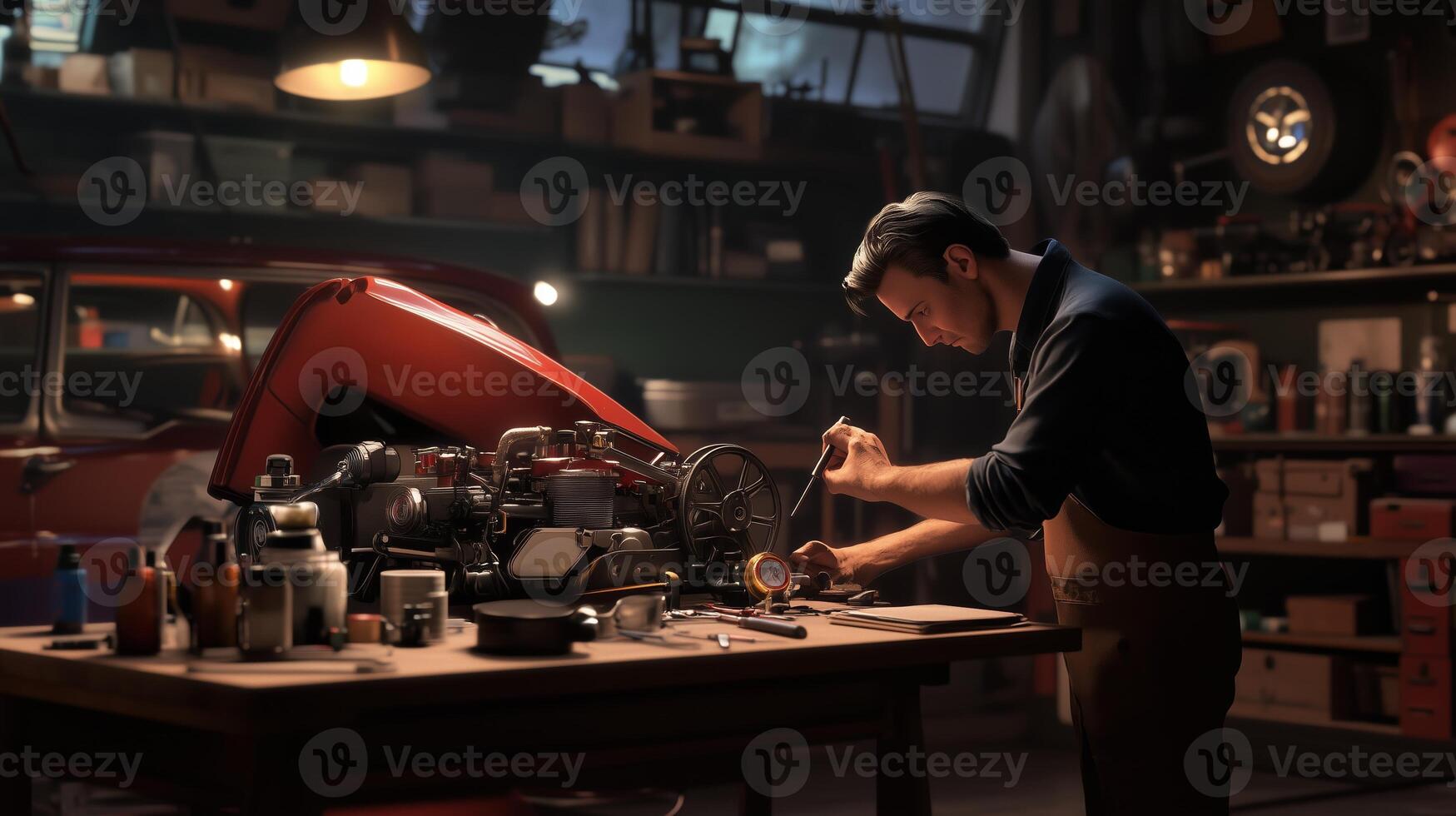 Mechanic working on a vintage engine in a well-lit garage filled with tools and car parts during the late afternoon photo