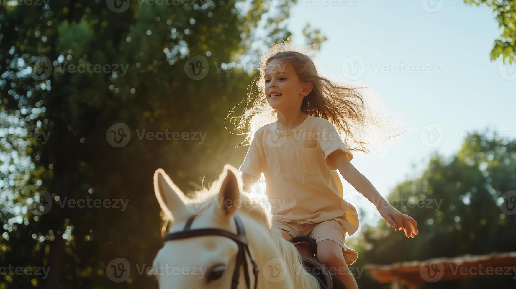 A joyful girl riding a white horse under a sunny sky in a lush green setting, expressing happiness and freedom photo