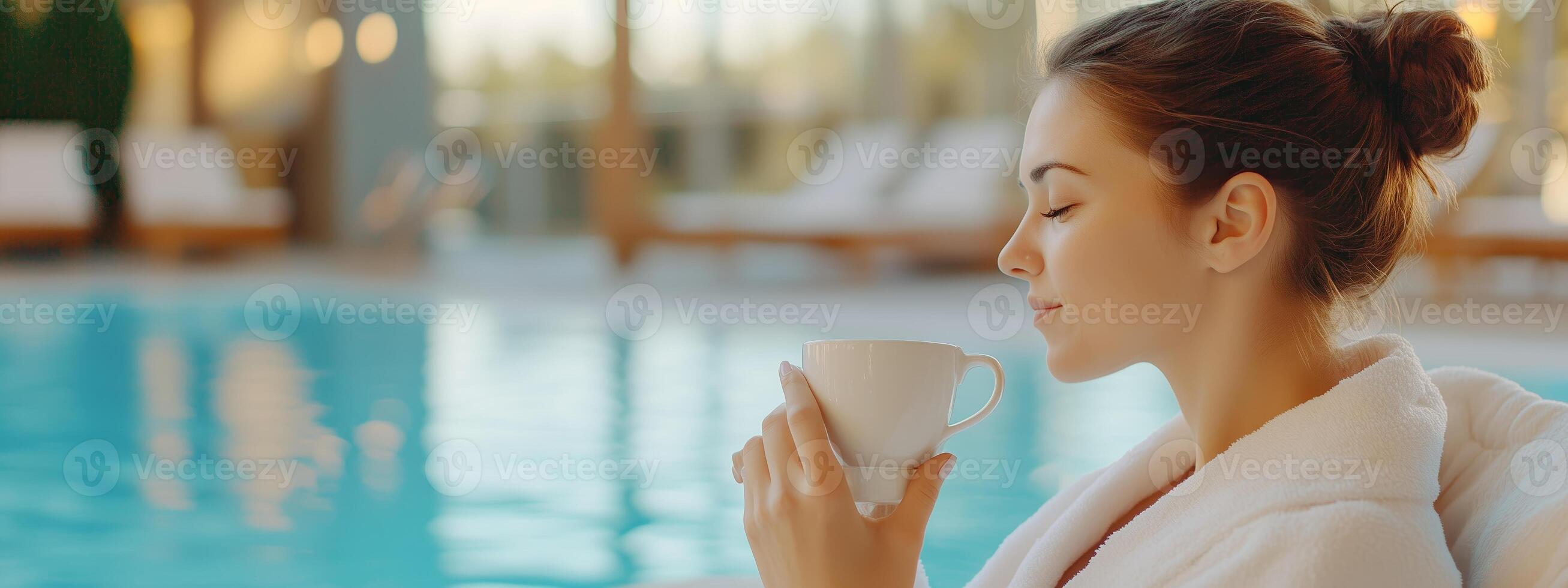 A woman enjoying a warm drink while relaxing by a serene pool on a sunny day in a luxury resort setting photo