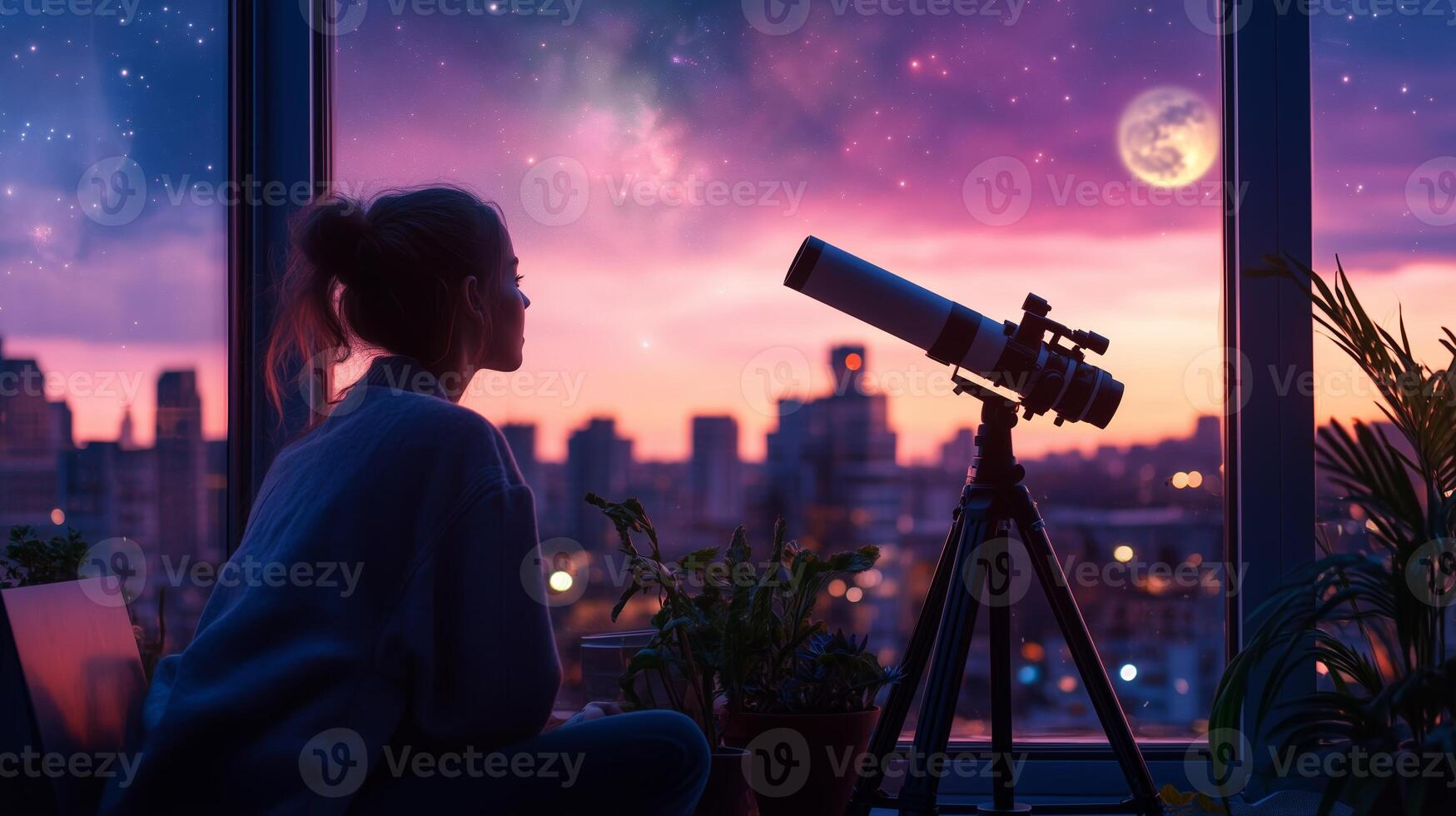 A person gazes through a telescope at a starry night sky from a high-rise apartment in a bustling city photo