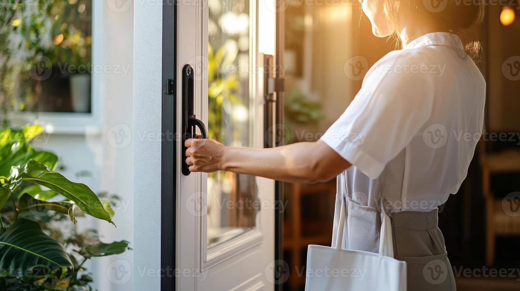 A woman opens the door to a bright indoor space filled with greenery and natural light during the early morning hours photo