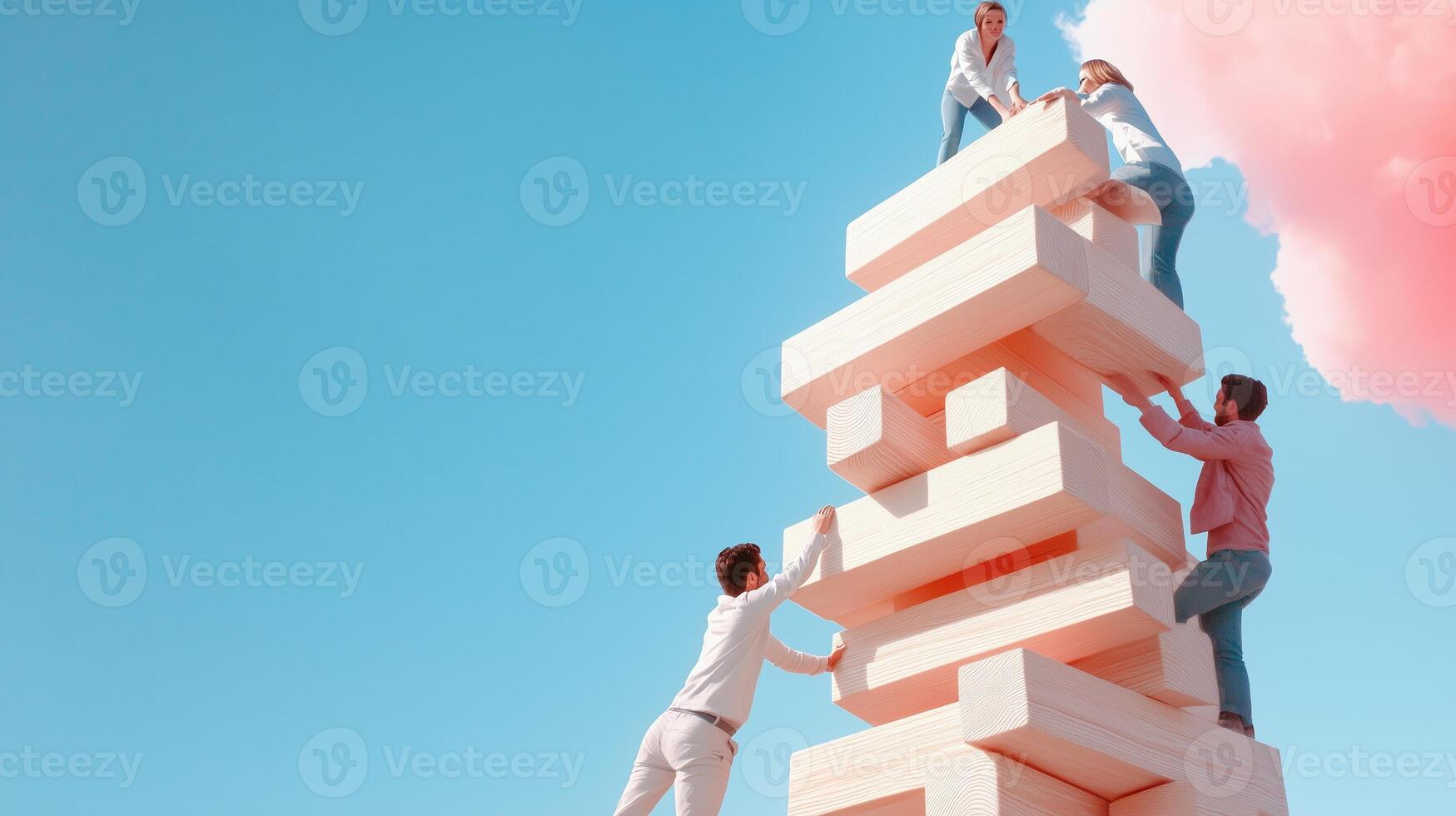 Group of friends building a large tower of blocks under a bright blue sky with pink clouds on a sunny day in an outdoor setting photo