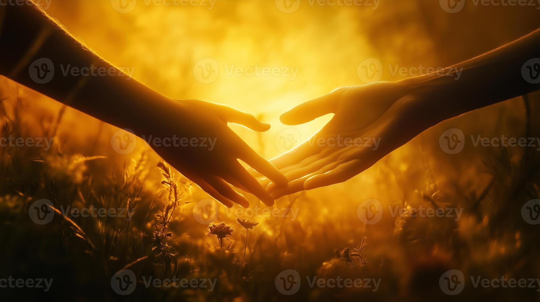 Two hands reaching out to each other in a warm, golden glow during sunset in a serene outdoor setting photo