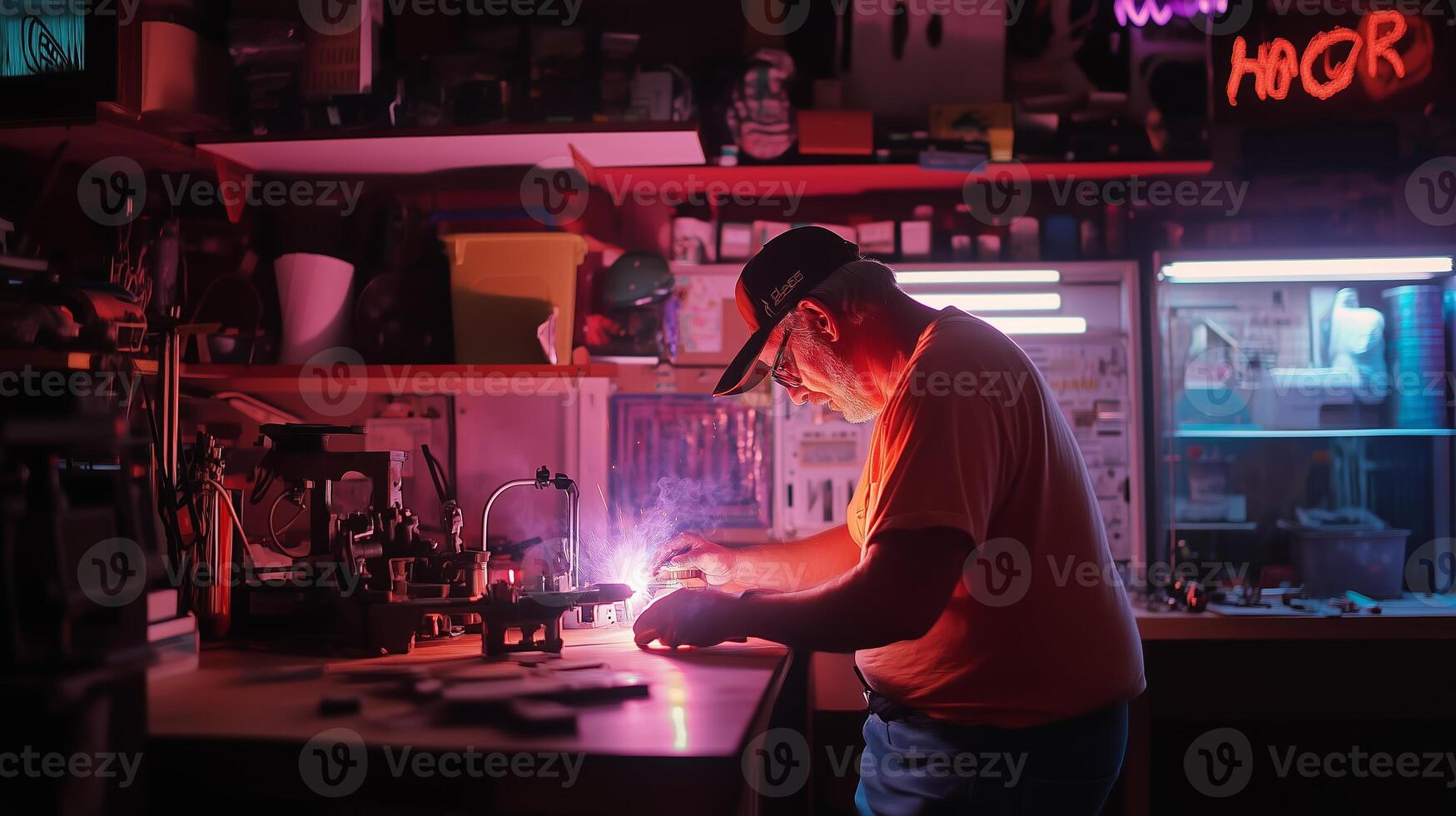 A skilled craftsman working on delicate electronics inside a well-lit workshop during the evening hours, highlighted by colorful neon lights photo