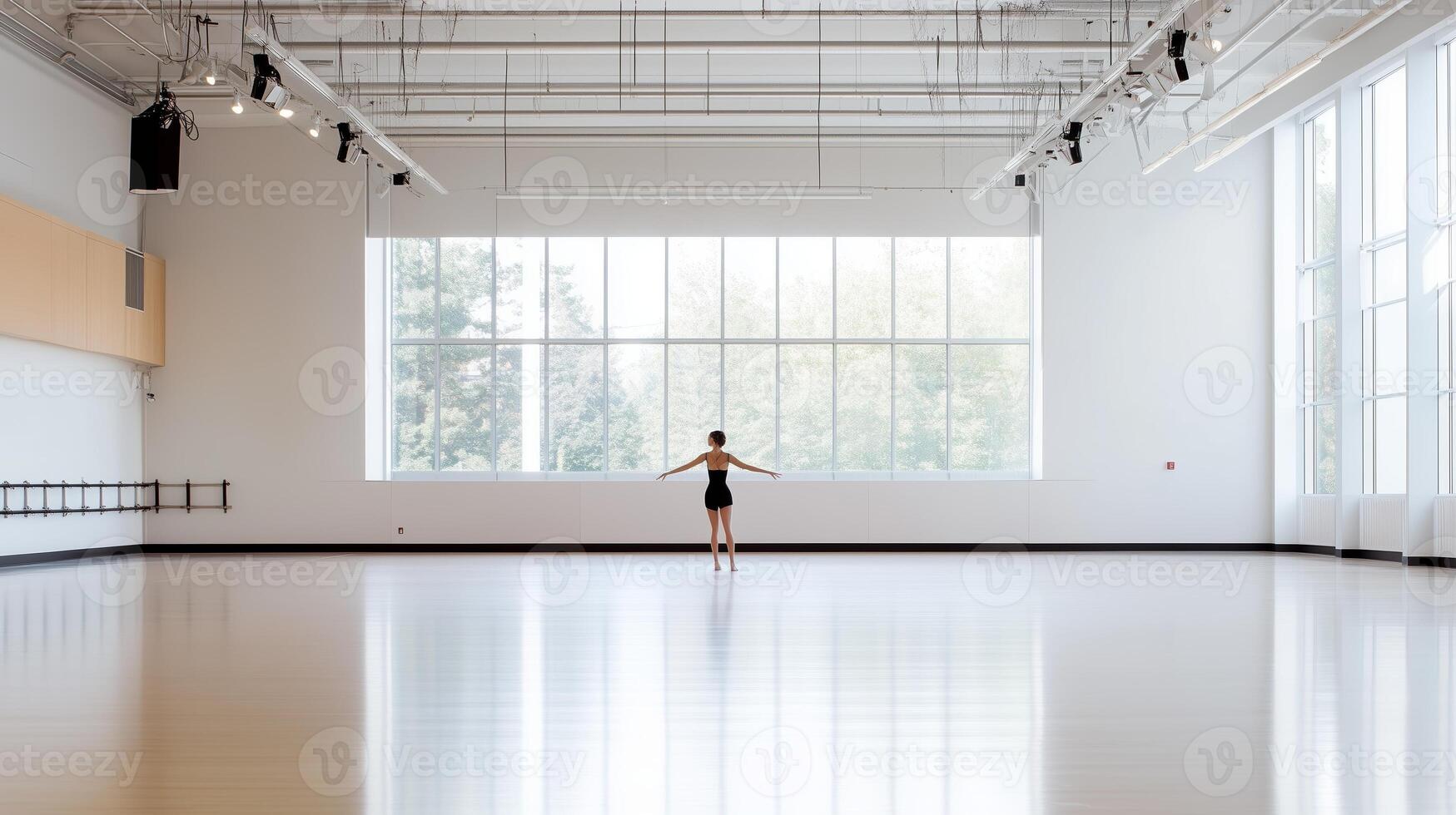 A dancer practices alone in a spacious studio with large windows letting in natural light during afternoon hours photo
