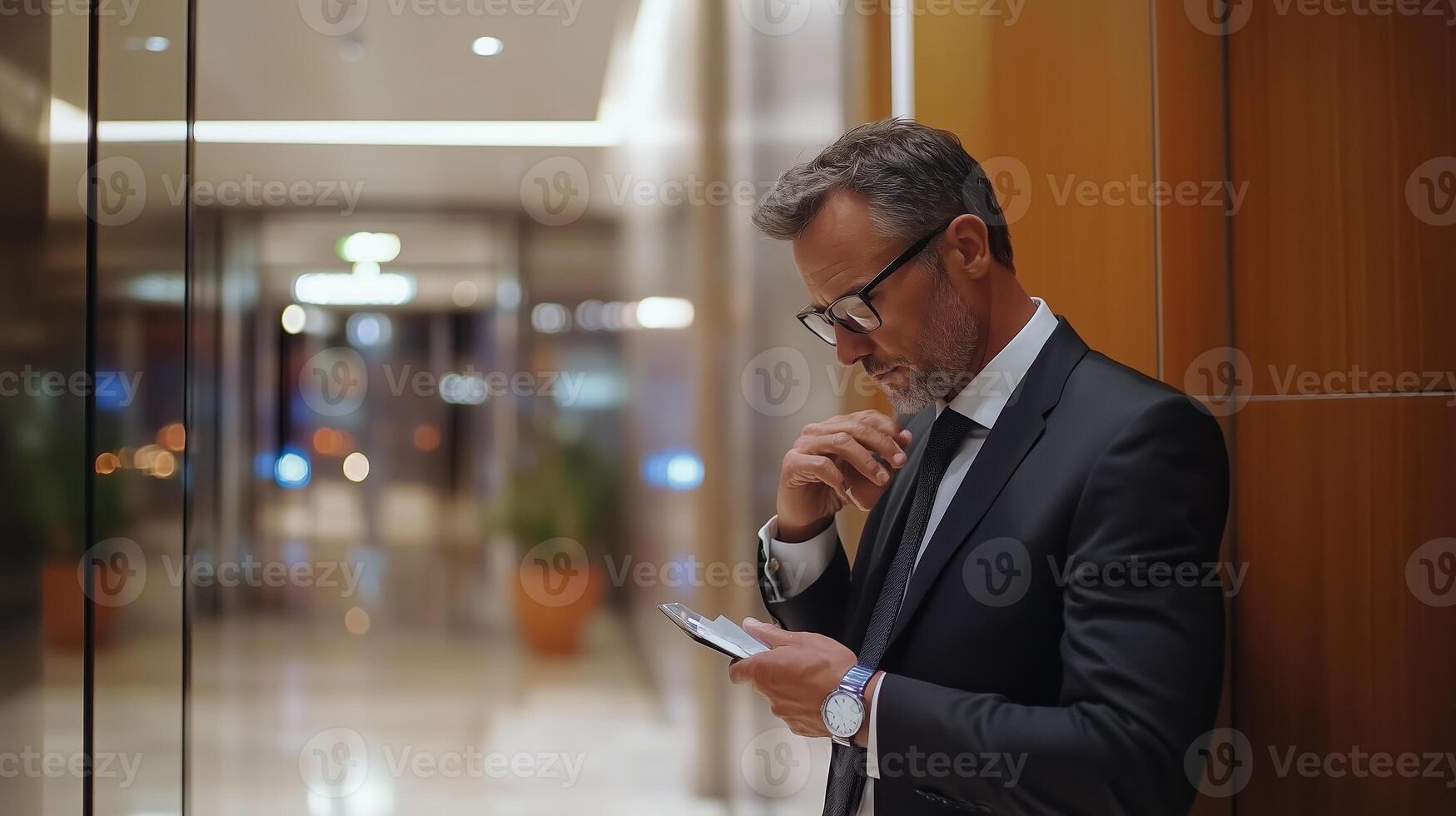 Businessman in suit checks messages on smartphone while waiting in a modern hotel lobby during evening photo