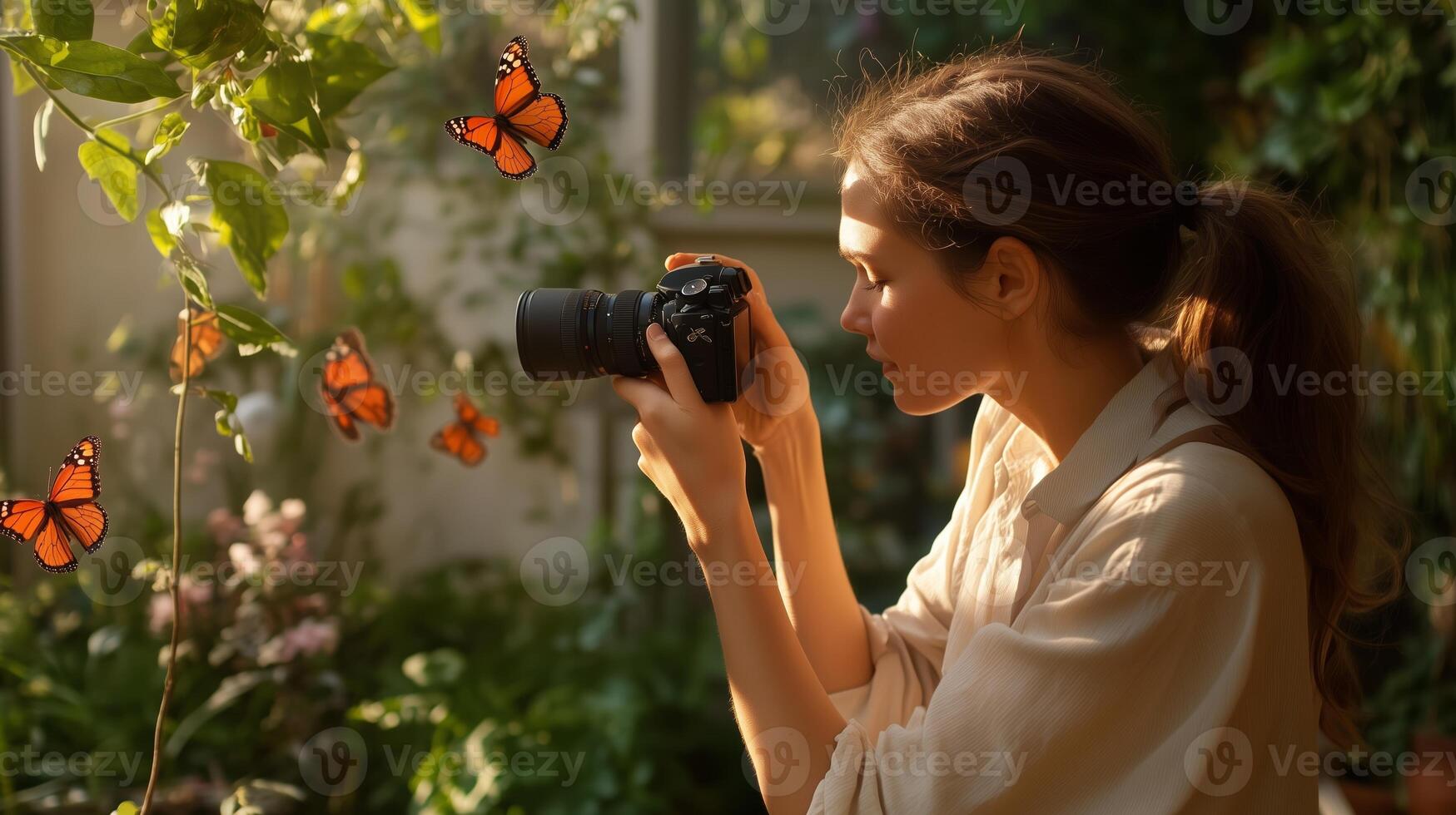 A woman capturing butterflies with a camera in a lush garden during golden hour photo