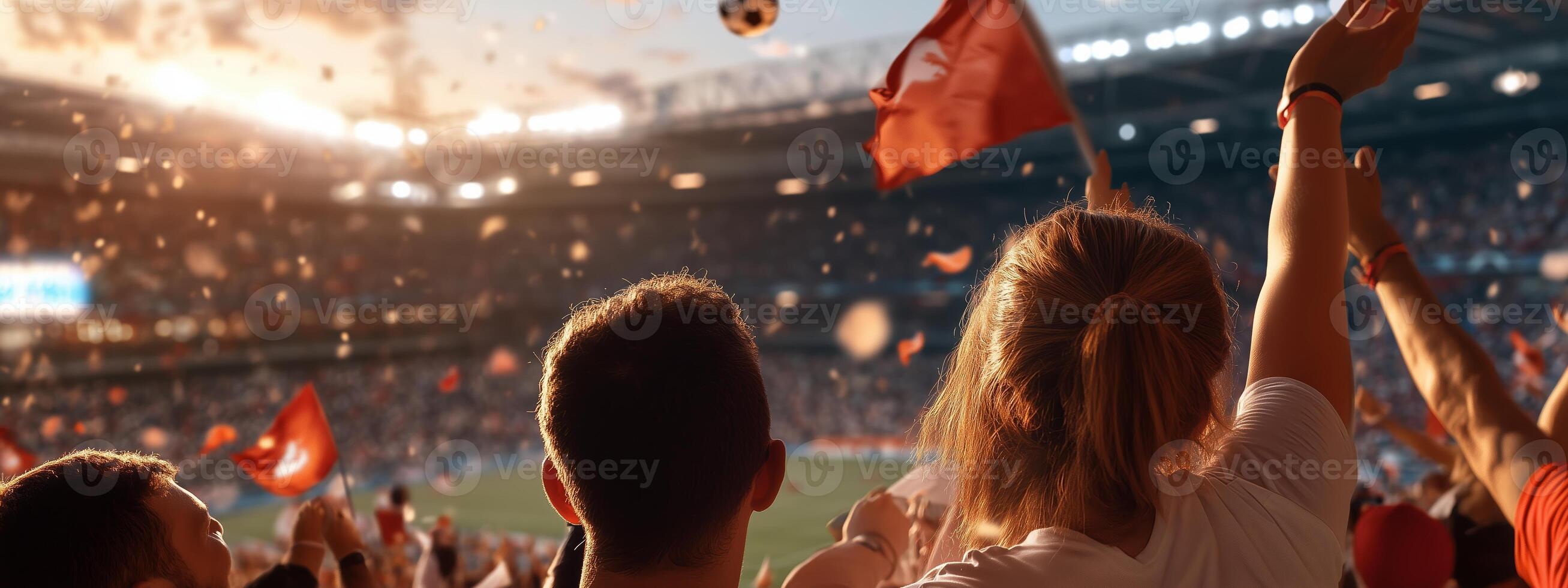 Excited fans celebrate a goal during a soccer match at the stadium in the evening under bright lights photo