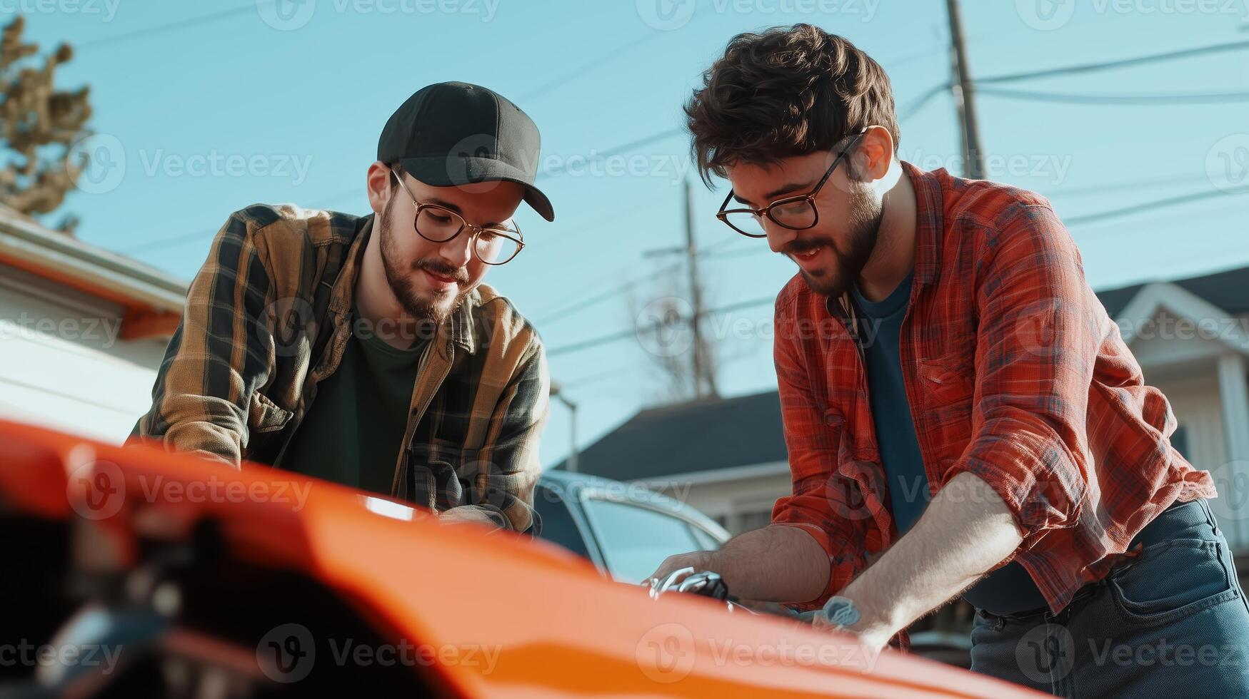 Two friends working on a classic car engine in a sunny driveway during the afternoon photo
